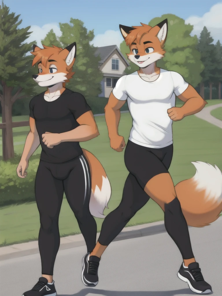 Furry, fox, male, twins, black leggings, white shirt, jogging outside the house, teen