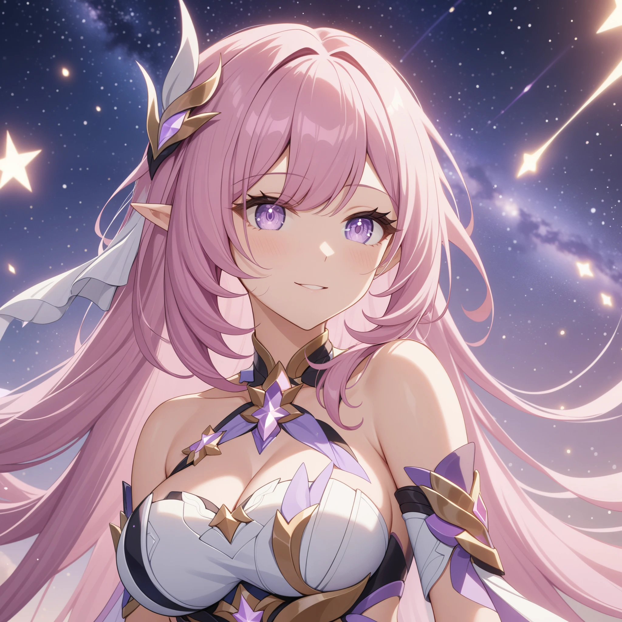 ai-generated,very aesthetic,1girl,elysia_/(herrscher_of_human:ego/)_/(honkai_impact/),pointed_ears,pink_hair,dreamy anime fantasy background,raytracing,light purple eyes,floating,light particles,dsmile,starry sky, shooting stars,celestial,intricate,large breasts,long eyelashes,goddess,(best quality,4k,8k,highres,masterpiece:1.2)