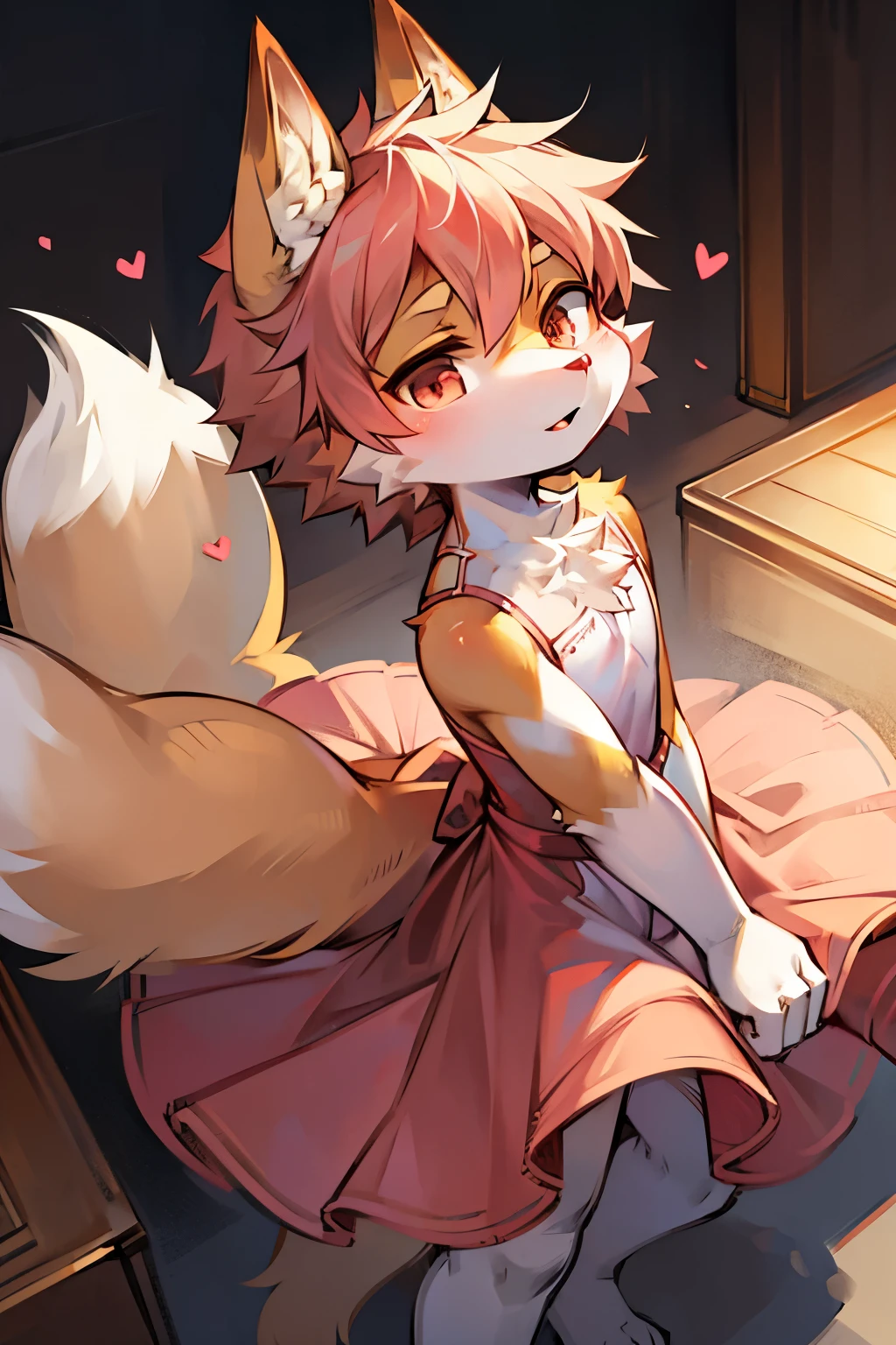 Fox Boy,furry men,Male focus,Characteristics of three-year-old boy,One meter three height,White Arm,femboy,Pink loli dress