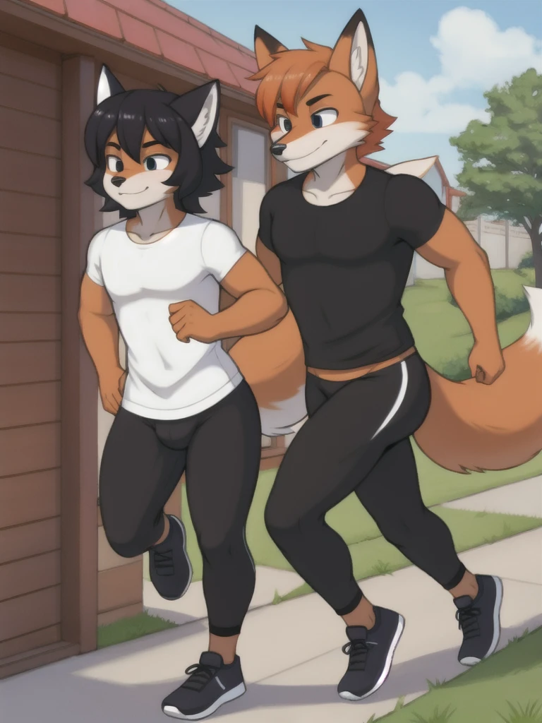 Furry, fox, male, twins, black leggings, white shirt, jogging outside the house, teen
