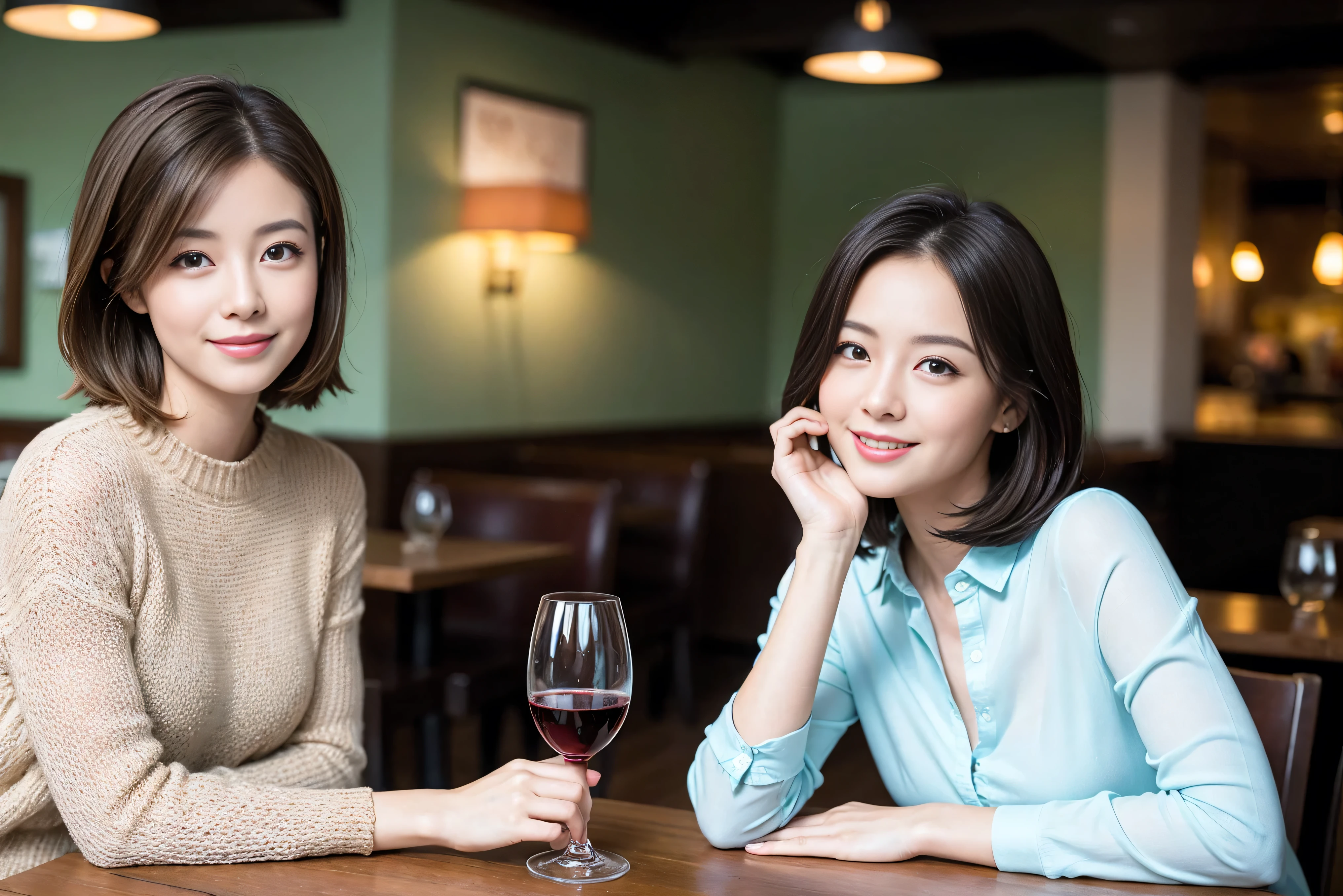 ((highest quality、8k、masterpiece:1.3))、Satomi Ishihara lookalike beauty、1 male、1 female、Couple、Spouse、half、The body is slim、((Bob Hale、Straight hair:1.2)), (Realistic, Intricate details:1.2), Wine glass on the table、Shine light on your face、 Amazing view of the sunset sky and clouds、Amazing mountain views、A bright smile、The wonderfulness of smile、Bright image、The beauty of wine, Beautiful Face, blue eyes, The light shines on your face, Blushing, short hair,Bright Face、 (Age 37), 39 years old, red wine 、Appetizers、Italian food、Wine bottle、Champagne、sparkling wine、Two beauties、Brown Hair、Shortcuts、Long sleeve shirt、dress、Pretty Woman 1, (Slim face), (The body is slim), (Brown Hair), (Shortcuts), cheeks turn a little red,Attractive beauty、restaurant, In a prominent place (From the waist up) Nova Frog Style, actress, model, Upper Body, White wine, slim, wine glass, A wine glass placed in the center, smile, (smile: 1.15), Beautiful fine grain, Depth f/2,saturation, High Contrast, Strong light and shadow,Moist Body:1.5、3D texture、Delicate eyes、Brown Hair、The hair is very shiny、