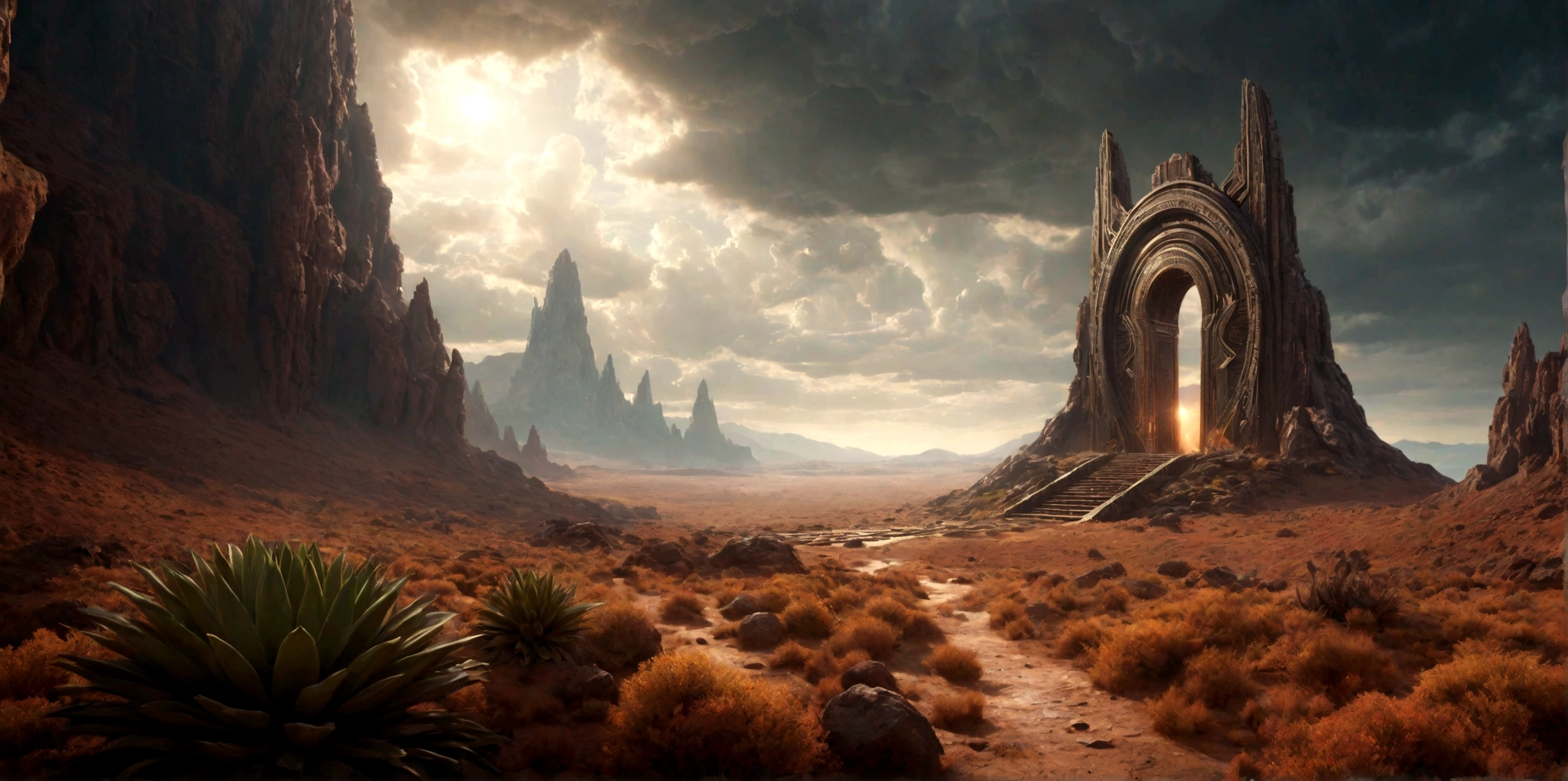 (EN UN VALLE RODEADO DE ACANTILADOS) ((AT THE FOOT OF AN INTRICATE TWO-DIMENSIONAL PORTAL STILL ACTIVE TO AN ALIEN TEMPLE), SUPER HIGH DEFINITION IMAGE WITH HYPER REALISM , MUCHO CALOR, PLANETA SECO, hyper realistic in 4K, cinematic lighting. little vegetation on alien planet other than Earth, cloudy stormy and cold weather, el sol se oculta