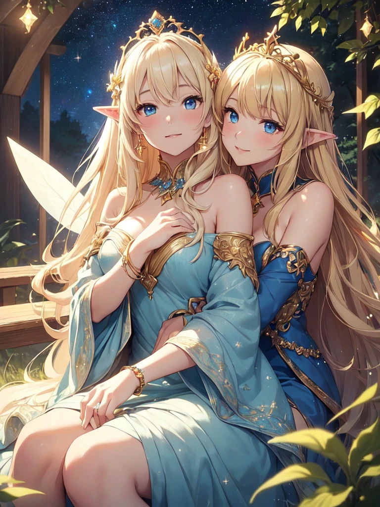 top-quality、Top image quality、masterpiece、The season is autumn、girl with((20yr old、Best Bust、big bast、Bust 90,Beautiful blue eyes、,Blonde long hair、A slender、Fairy feathers、In beautiful dresses of various colors、a closeup、sitting on、magic harp、Gold ring on wrist、beautiful tiara、hiquality、Beautiful Art、Background with((starrysky)))masutepiece、visualart、depth of fields、sky at night、、 、low angles、A sexy、Elven ears、Feathers glow in iridescent colors、light magic、in beautiful woods、Big treeid night、Flute melodies🎵、Fun Concerts、Happy smile、Gentle light、Magic Palace 、sexy
