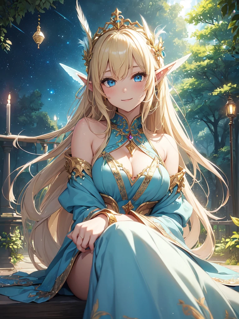 top-quality、Top image quality、​masterpiece、The season is autumn、girl with((20yr old、Best Bust、big bast、Bust 90,Beautiful blue eyes、,Blonde long hair、A slender、Fairy feathers、In beautiful dresses of various colors、a closeup、sitting on、magic harp、Gold ring on wrist、beautiful tiara、hiquality、Beautiful Art、Background with((starrysky)))masutepiece、visualart、depth of fields、sky at night、、　、low angles、A sexy、Elven ears、Feathers glow in iridescent colors、light magic、in beautiful woods、Big treeid night、Flute melodies🎵、Fun Concerts、Happy smile、Gentle light、Magic Palace 、sexy