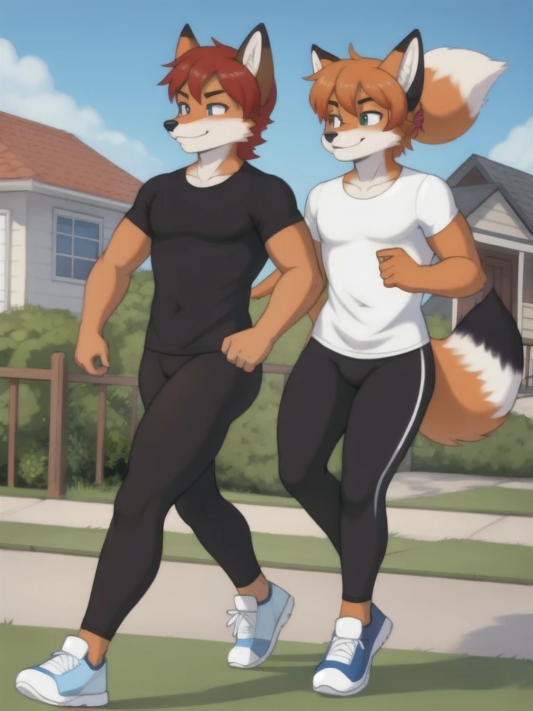 Furry, fox, male, twins, black leggings, white shirt, jogging outside the house, teen