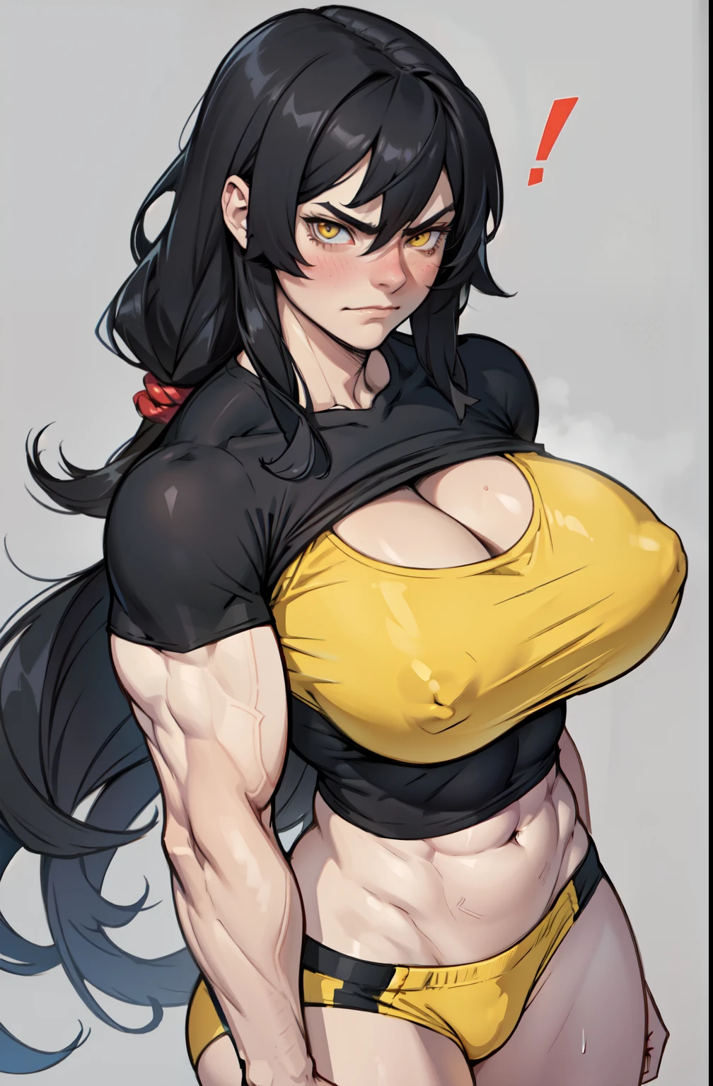 ((1 girl)), extremely long hair, solo, ((muscular)), veins, black hair, yellow eyes, blushing, pale skin, strong, veins, abs, (huge ), navel, standing, frowning, tight shirt