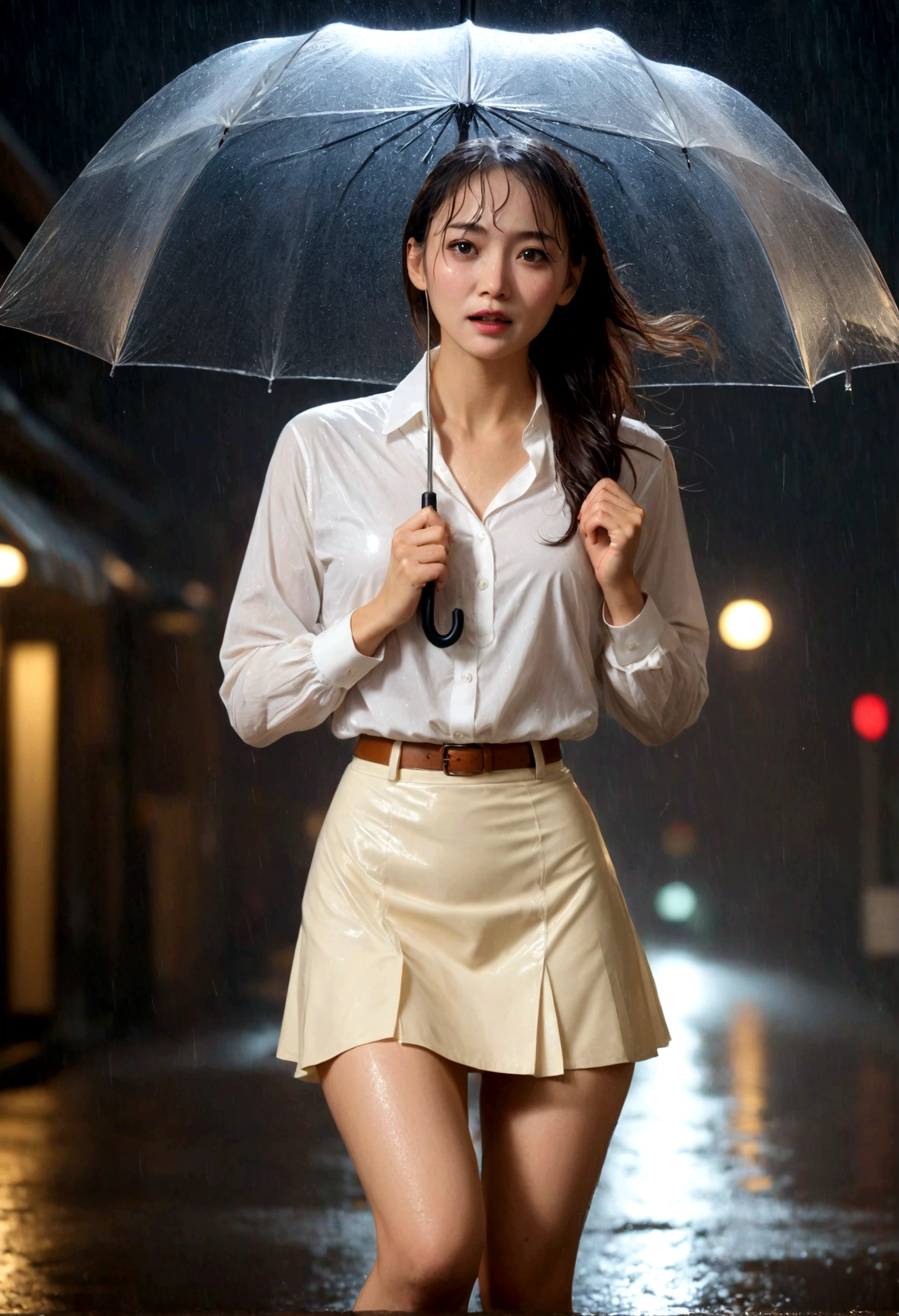 A beautiful woman gets completely soaked in a sudden downpour at night、I don't have an umbrella、White blouse、Tight skirt in cream color、Detailed facial expressions、Wet thighs、Full Body Portrait