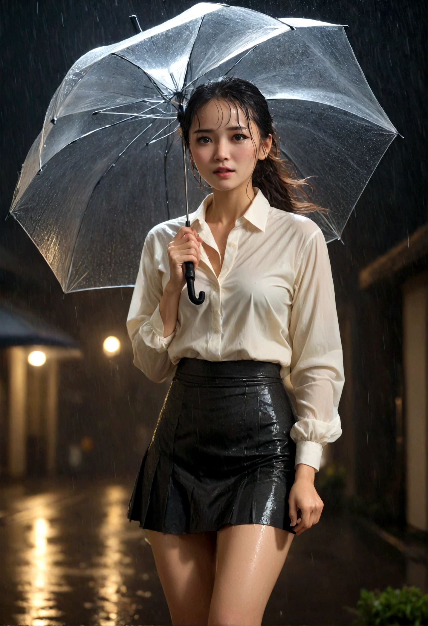 A beautiful woman gets completely soaked in a sudden downpour at night、I don't have an umbrella、White blouse、Tight skirt in cream color、Detailed facial expressions、Wet thighs、Full Body Portrait