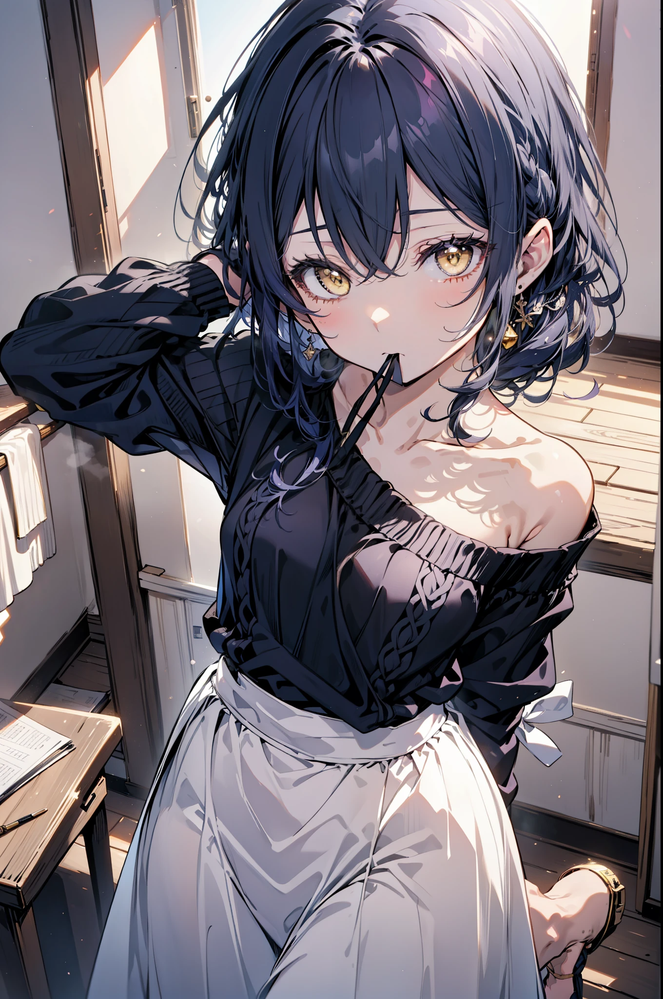 Kamisonoda, Umi Sonoda, Long Hair, Blue Hair, (Yellow Eyes:1.5) (Flat Chest:1.2),One-shoulder sweater,Long skirt,apron,Hair tie on mouth, Put your arms behind your head,whole bodyがイラストに入るように,
break looking at viewer,whole body,
break indoors, kitchen,
break (masterpiece:1.2), highest quality, High resolution, unity 8k wallpaper, (figure:0.8), (Beautiful fine details:1.6), Highly detailed face, Perfect lighting, Highly detailed CG, (Perfect hands, Perfect Anatomy),