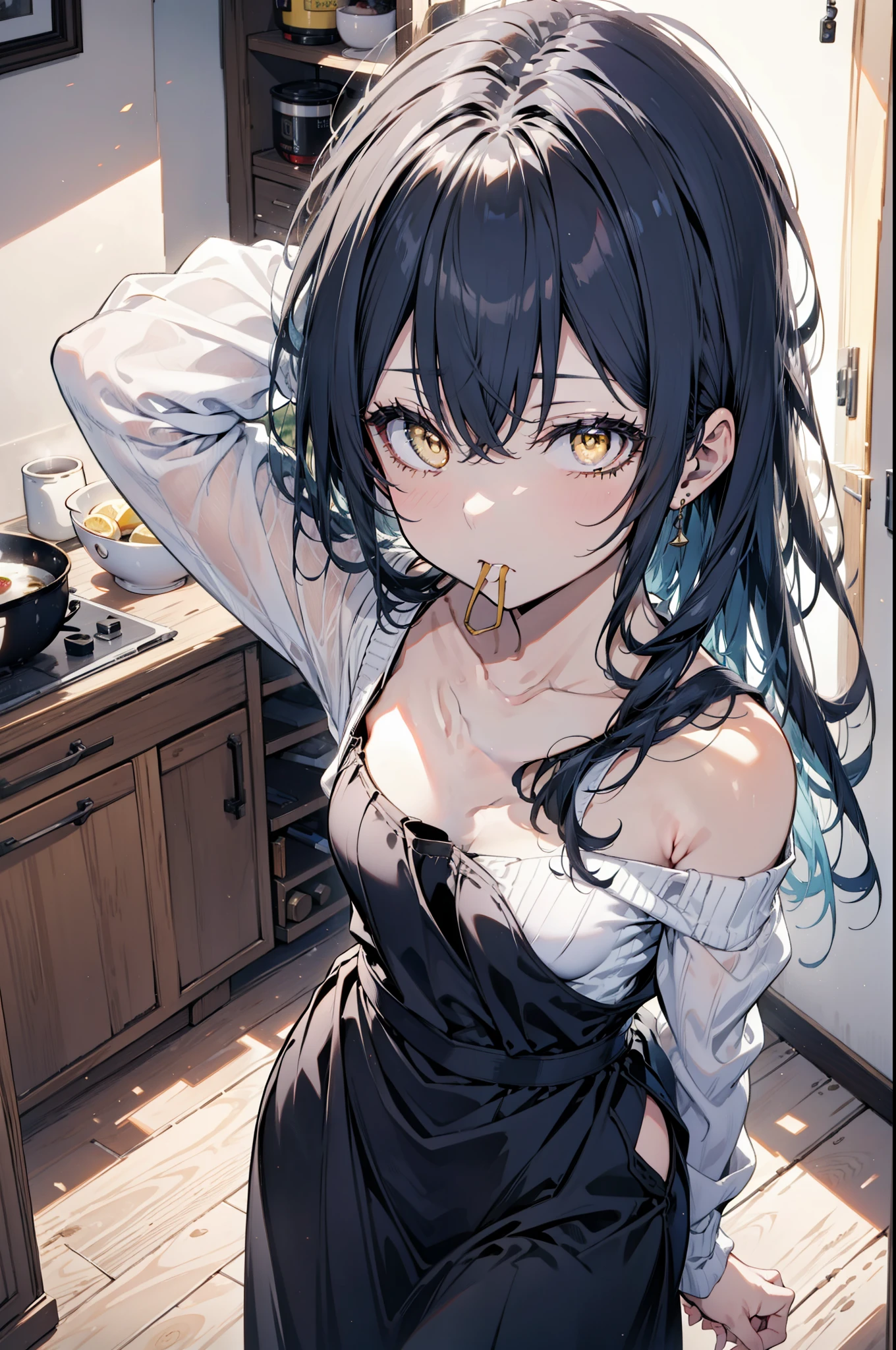Kamisonoda, Umi Sonoda, Long Hair, Blue Hair, (Yellow Eyes:1.5) (Flat Chest:1.2),One-shoulder sweater,Long skirt,apron,Hair tie on mouth, Put your arms behind your head,whole bodyがイラストに入るように,
break looking at viewer,whole body,
break indoors, kitchen,
break (masterpiece:1.2), highest quality, High resolution, unity 8k wallpaper, (figure:0.8), (Beautiful fine details:1.6), Highly detailed face, Perfect lighting, Highly detailed CG, (Perfect hands, Perfect Anatomy),