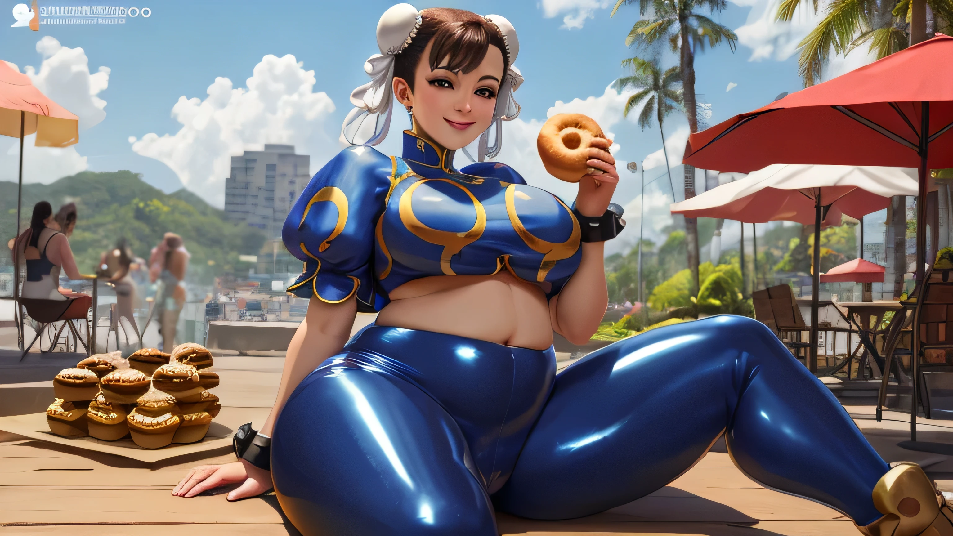 Obra de arte, solo, melhor qualidade, Fotorrealista, Sozinho, pequeno sorriso, (olhos detalhados:0.9), chun-li, comendo donuts, lindo rosto lindo, umbigo grande e profundo, gordinho, macio, curved, gordo, rolos de gordura, very gordinho belly, barriga rola, love handles, topo de muffin, sensual, TIGHT LATEX PANTS, celulite, thunder thighs, cheio, gordinho, plano de fundo: cidade