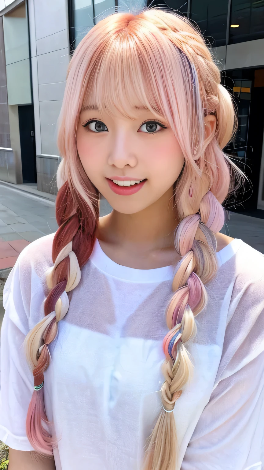 Pale, tanned skin、Sunburn marks on tanned skin、Multicolored Hair、Pink Hair,blonde,Platinum Hair,Brown Hair、A cute 20-year-old girl with a cute look, A strong wind blows my hair in front of my face、beautiful long blonde braided hair、beautiful, Cute eyes hidden by long bangs、Yawn、Double teeth、No visible nasolabial folds、