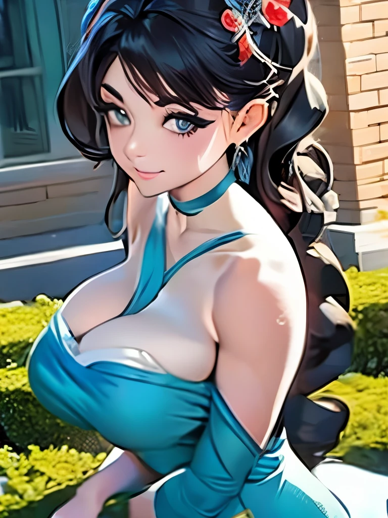 Bare shoulders with full breasts