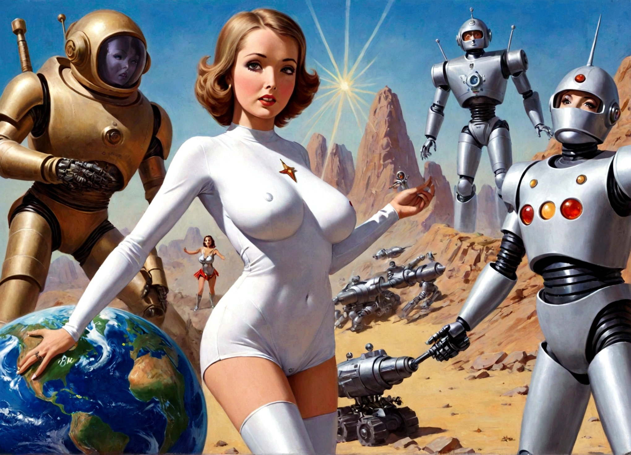 Buck rogers, portrayed by a cute woman, is rescuing the earth woman from the evil robots on Mongo, retro sci fi architecture, high action, lasers, titillations 