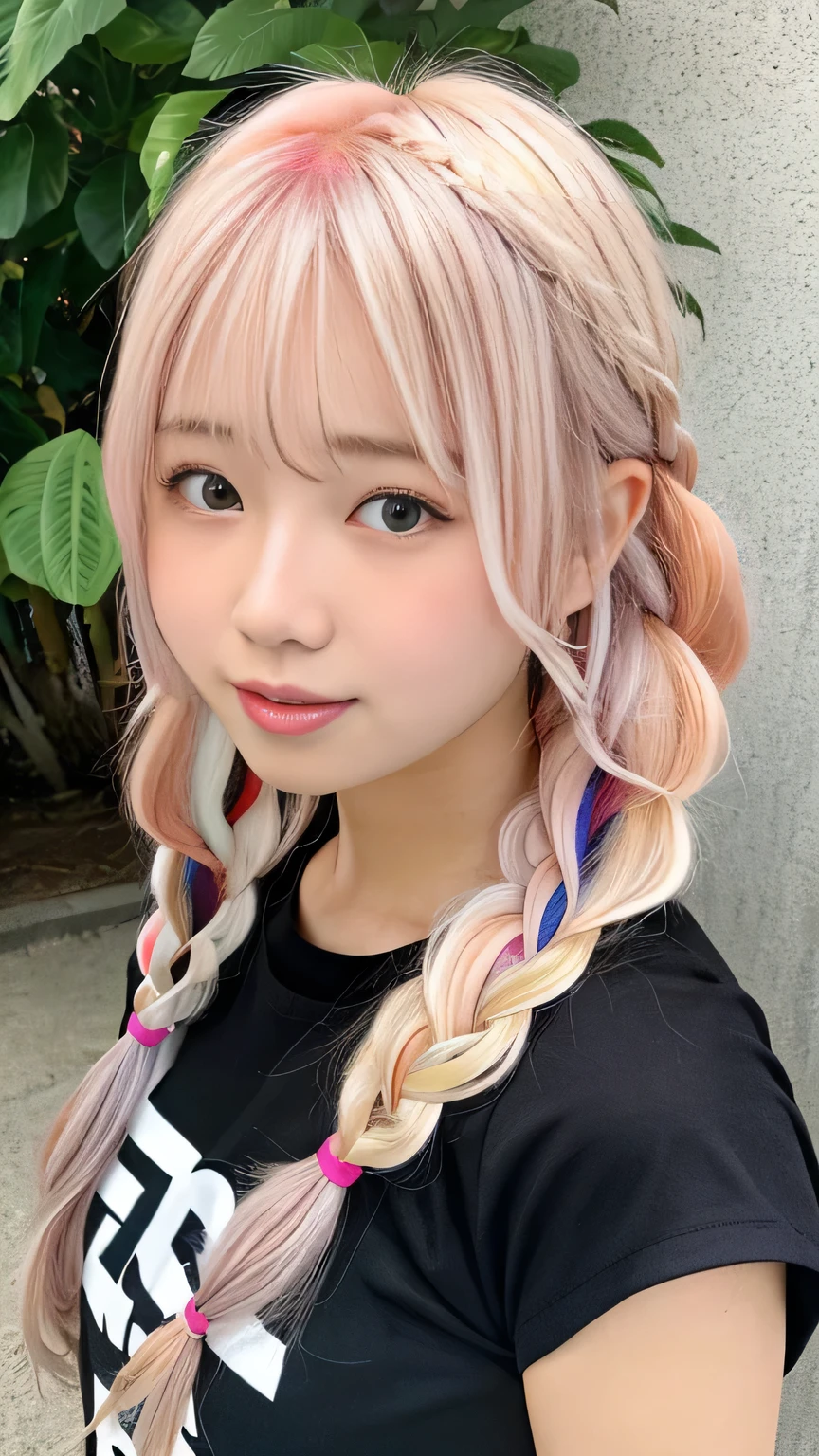 Pale, tanned skin、Sunburn marks on tanned skin、Multicolored Hair、Pink Hair,blonde,Platinum Hair,Brown Hair、A cute 20-year-old girl with a cute look, A strong wind blows my hair in front of my face、beautiful long blonde braided hair、beautiful, Cute eyes hidden by long bangs、Yawn、Double teeth、No visible nasolabial folds、