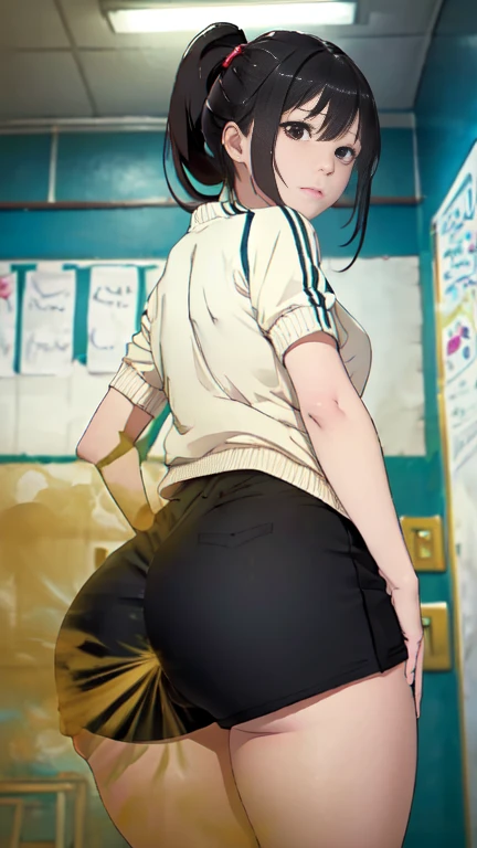 (((Women farting))),(girl farting while stand)),shocked,(a female sports teacher),(wearing a short pants and a sweater),(),(view from behind) (ponytail hair black hair),(Asian woman),(schoolyard),(masterpiece:1.2、top-quality)、(the Extremely Detailed CG Unity 8K Wallpapers、ultra-detailliert、Best Shadows)、(Detailed background)、(The best lighting、extremely delicate and beautiful)、depth of fields、1girl in、report、upward looking gaze、