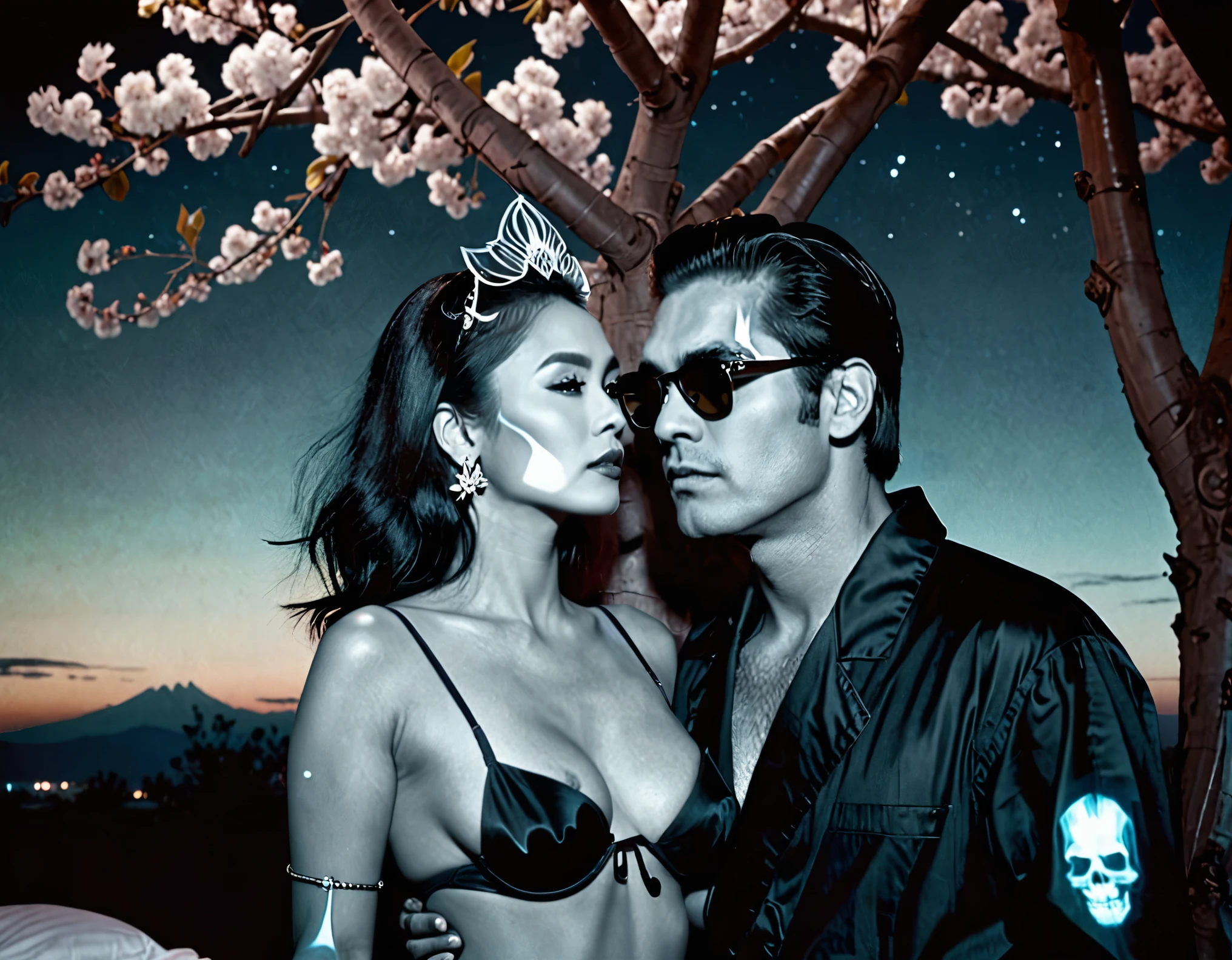 photo of a woman and a man, they are all in black creature tiki outfit, ((man is intensely rugged and massive in size compared to women,)), lifting her smokey eye makeup, 4k uhd, high quality, dramatic, cinematic, (long extraordinary (platinum hair:1.4)), nocturnal flowers, the seed, growing, giants shelter their body, intricate ornate lean-to tiki island, the night sky, deep dark shadows, hide new seasons, the woman is aware and watching us, man embrace strong moral compass, colorized b/w (film xray:1.7) negative image close-up portrait of a couple in dreamy landscape, cherry tree, undercover hovering boulder, architectural headpieces, man places one on her, integrated haunting, (light areas appear dark and vice versa). A color negative image is additionally color-reversal, aqua blush, and vice versa. invert image, (high contrast:1.6, deep darks), negative film inversion. young wife in casual loungewear, man standing in her bedroom, shape under fabric, dagger earrings, messy hair, her feet on fertile soil, man grounded, sensual mood, romantic, she's inviting, gamer painting on wall,she doesn't want to be seen, big dark sunglasses, her black coat collar up and high, dark hair over her face, she's mysterious, he wants more, glamours, listening for a signal, watching the people move so she can continue on in the evening sky, Full body photo、cheap motel lobby,