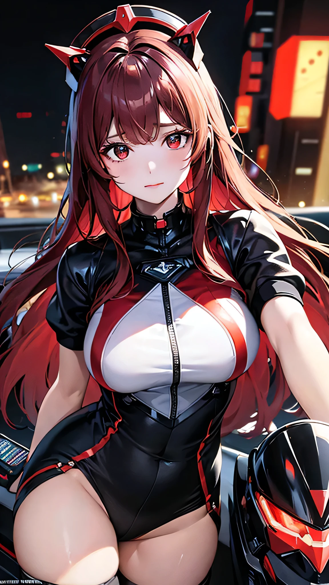 Highest image quality, outstanding details, ultra-high resolution, (fidelity: 1.4), the best illustration, favor details, highly condensed 1girl, with a delicate and beautiful face, dressed in black and red mecha, wearing a mecha helmet, holding a direction controller, riding on a motorcycle, the background is a high-tech lighting scene of the future city.
