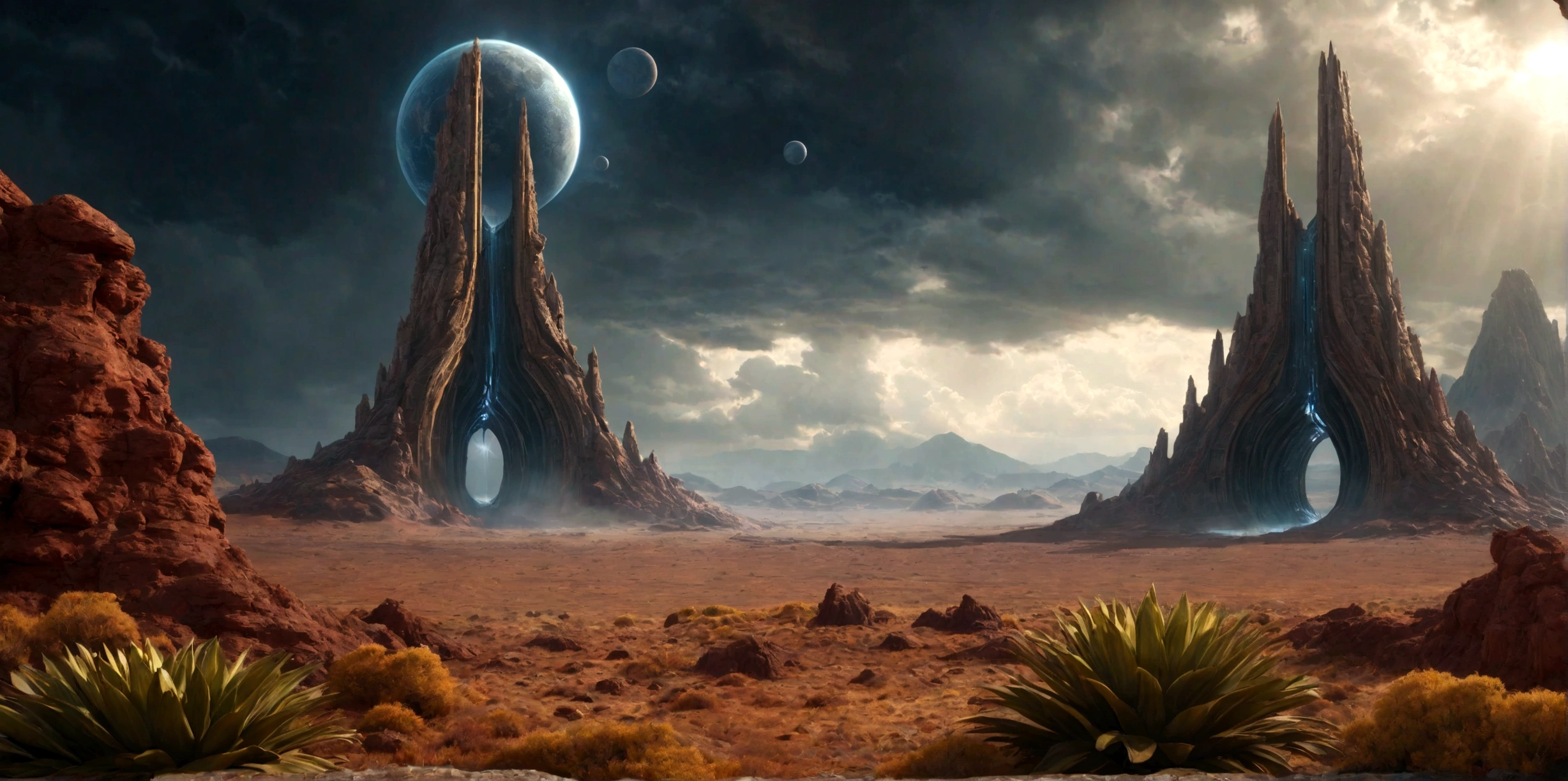 (EN UN VALLE RODEADO DE ACANTILADOS) ((AT THE FOOT OF AN INTRICATE TWO-DIMENSIONAL PORTAL STILL ACTIVE TO AN ALIEN TEMPLE), SUPER HIGH DEFINITION IMAGE WITH HYPER REALISM , MUCHO CALOR, PLANETA SECO, hyper realistic in 4K, cinematic lighting. little vegetation on alien planet other than Earth, cloudy stormy and cold weather, el sol se oculta