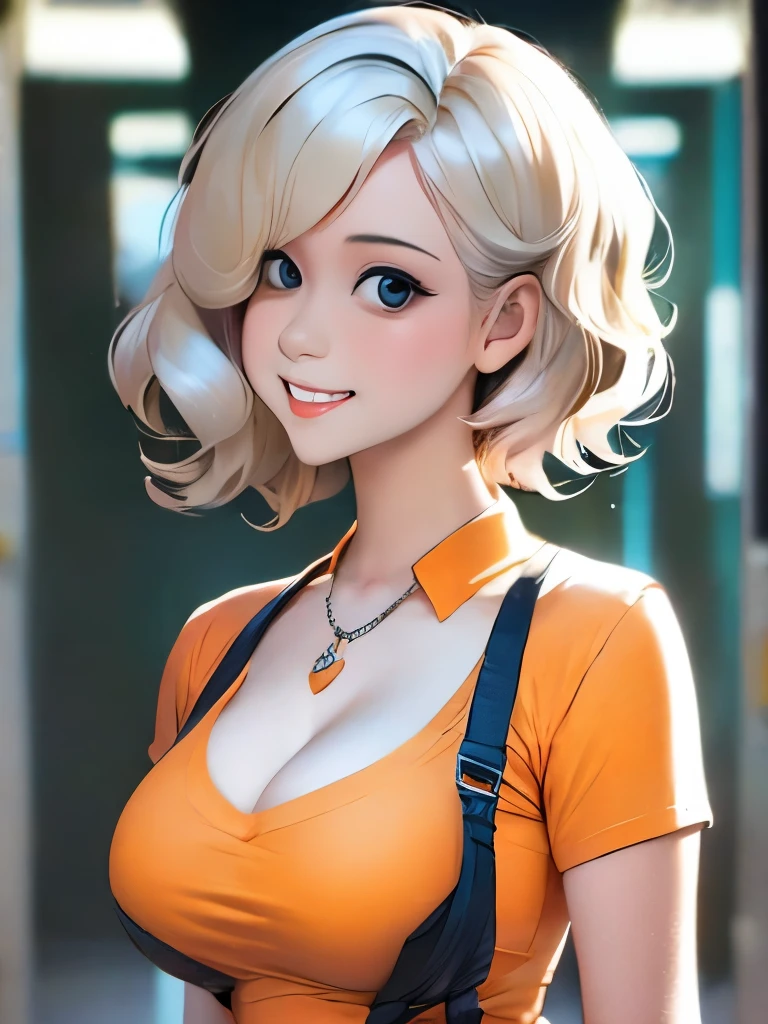 Curled bob cut, platinum hair woman in orange collared shirt posing to take photo in city, 8K artgerm Bokeh, well-proportioned body, beautiful korean woman, gorgeous necklace, beautiful young korean woman, soft portrait shot 8 K, korean girl, double and narrow eyes, beautiful gray eyes, Los Tran 8 K, Cute young woman, Korean woman, beautiful blonde girl