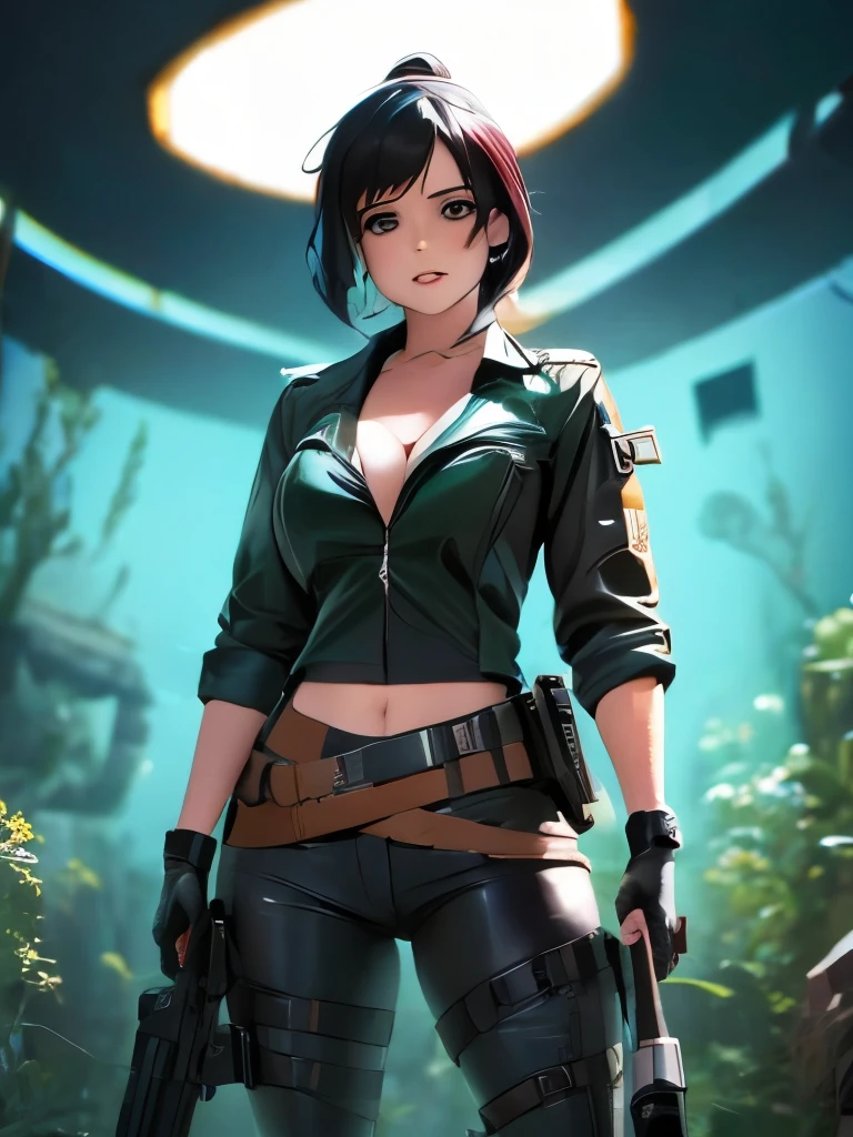 an attractive woman [gunslinger:bounty hunter:0.4] standing in a apocalyptic wilderness (glitchwave style:1) 