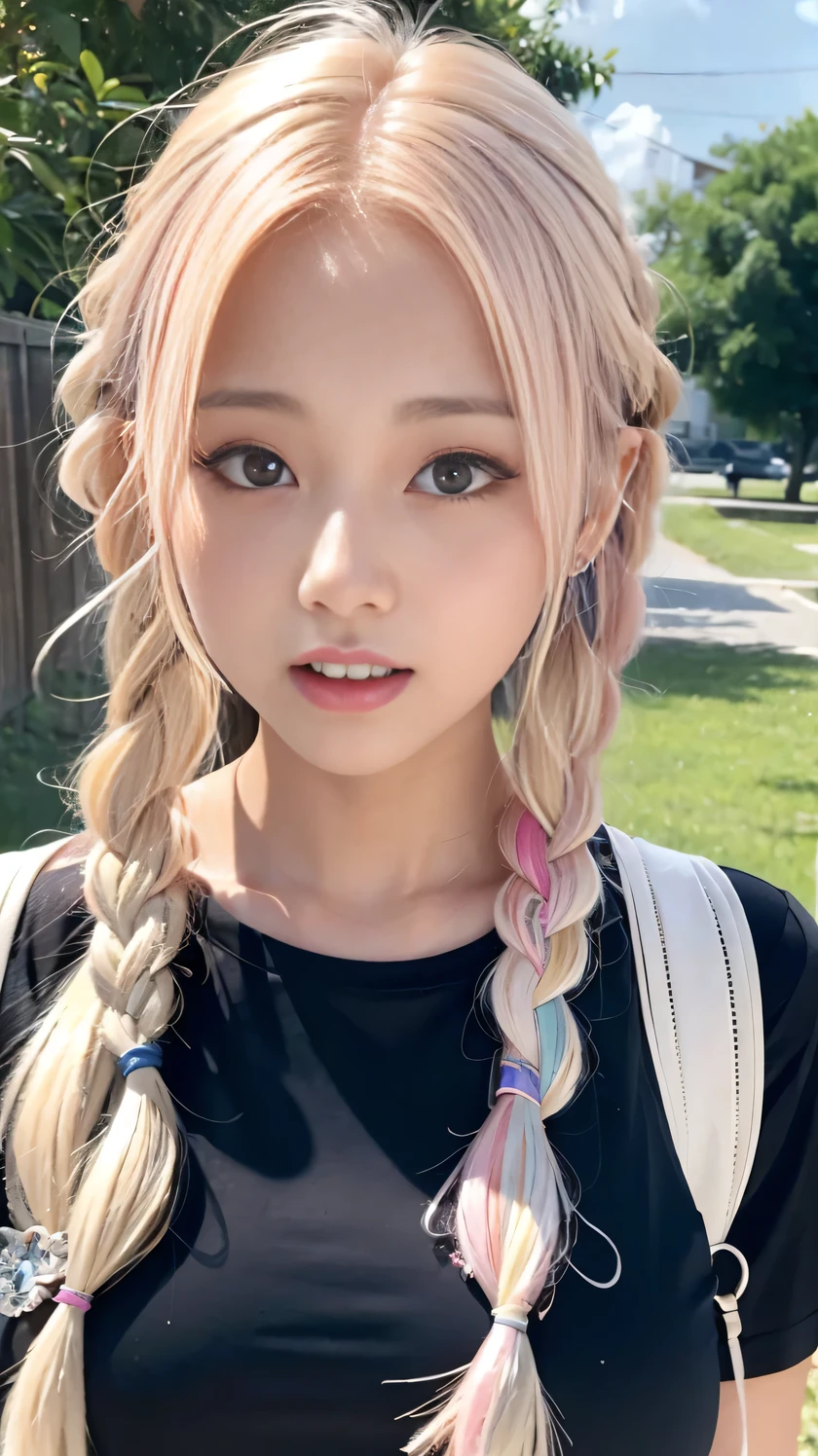 Pale, tanned skin、Sunburn marks on tanned skin、Multicolored Hair、Pink Hair,blonde,Platinum Hair,Brown Hair、A cute 20-year-old girl with a cute look, A strong wind blows my hair in front of my face、beautiful long blonde braided hair、beautiful, Cute eyes hidden by long bangs、Yawn、Double teeth、No visible nasolabial folds、
