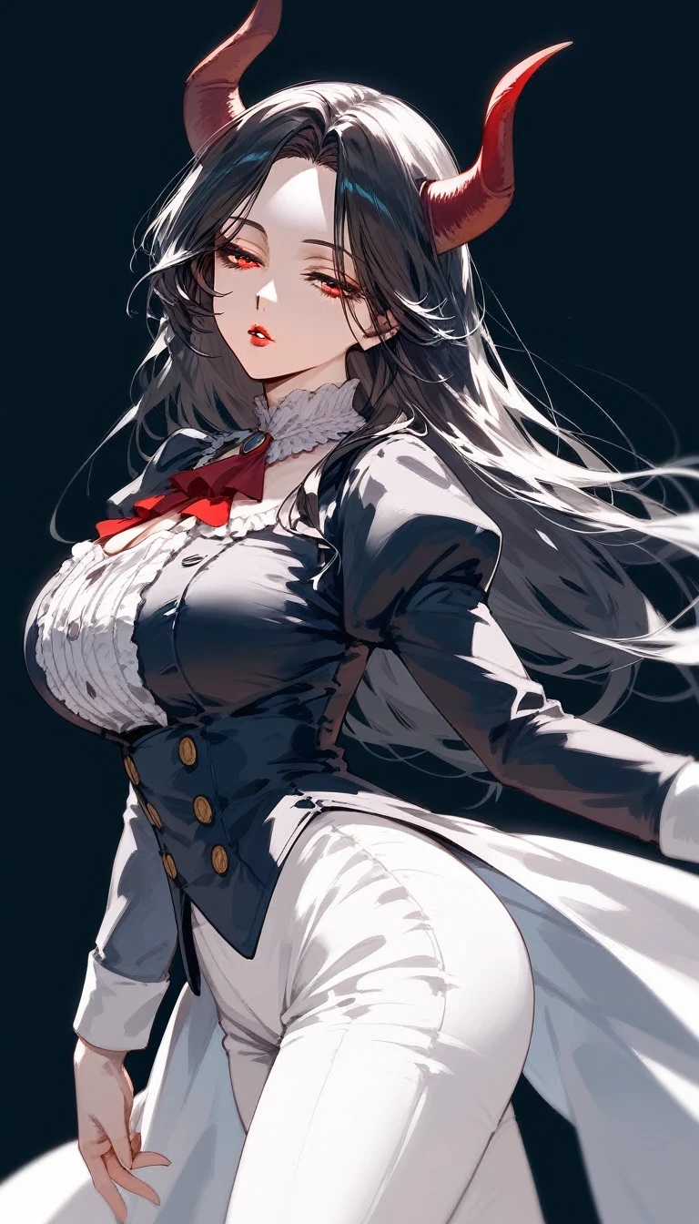 masterpiece, Score_9, Score_8_up, Score_7_up, rear view, 1 woman, alone, black hair with red, long hair, parted bangs, dark red eyes, half-closed eyes, parted lips, expressionless, pale skin, large breasts, top of the body, Victorian military uniform, with pants, V-neck shirt, black background, best quality, horns up, long and split bangs, Red lips.
