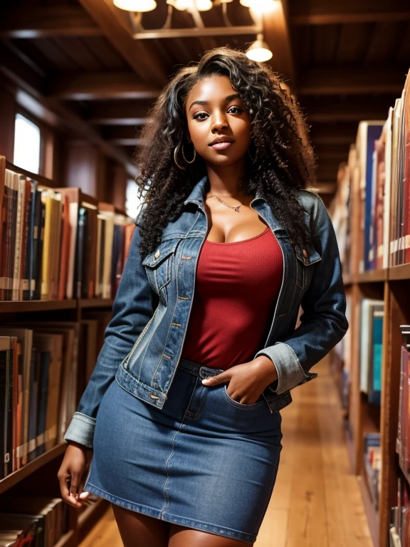 make an image: A girl with black skin, long curly gray hair, she has green eyes and a gentle smile on her face, her curves are perfect and she has big breasts she has a pert ass. attire: Women's denim jacket, red dress at the waist and brown boots, she carries a bag on her shoulder. Image background: a library with large bookshelves around the girl, wooden floor and elegant ceiling