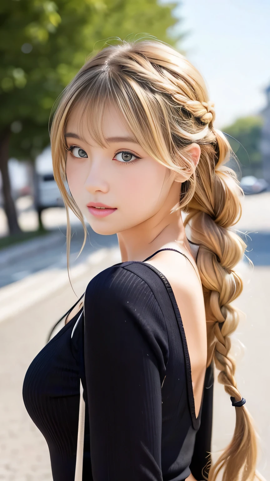 Sexy Big 、Sexy cute looks and cute 15 year old beautiful girl, beautiful and sexy face、A strong wind blows my hair in front of my face、beautiful long blonde French braided hair、beautiful, Cute and sexy eyes hidden behind long bangs