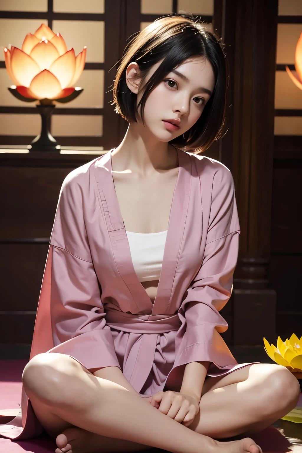 (tomboyish,small head), (short length straight hair: 1.2), black hair,（Highly detailed CG 8k wallpaper），（Incredibly stylish and beautiful），（masterpiece），（best quality：1.0），（초high resolution：1.0），upper body photo，[high resolution]，Smooth, flawless, fair skin，Ultra-detailed ，long legs，slim，emaciated，Colorful Buddhist robes，In the nave of the temple，Naturally, Lotus sits cross-legged on a large lotus flower，（Big pink lotus：1.5），The girl is floating on a large lotus flower floating in the air，from the front，enlargement，Sit in meditation, Friendly