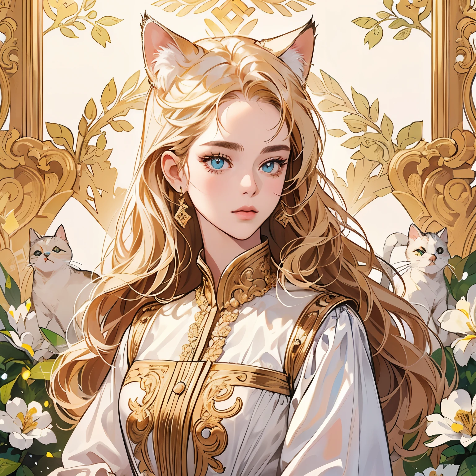 Best quality, 1 cat, logo, background white only, emblem, 14k, intricate and detailed, frame,  (((1 woman and cat))), detailed fur, sparkling eyes, corporate logo, golden, panoramic, long shot, front, flowers, Upper body, looking at viewer,  beautiful goddess, Very detailed hair, Top Quality