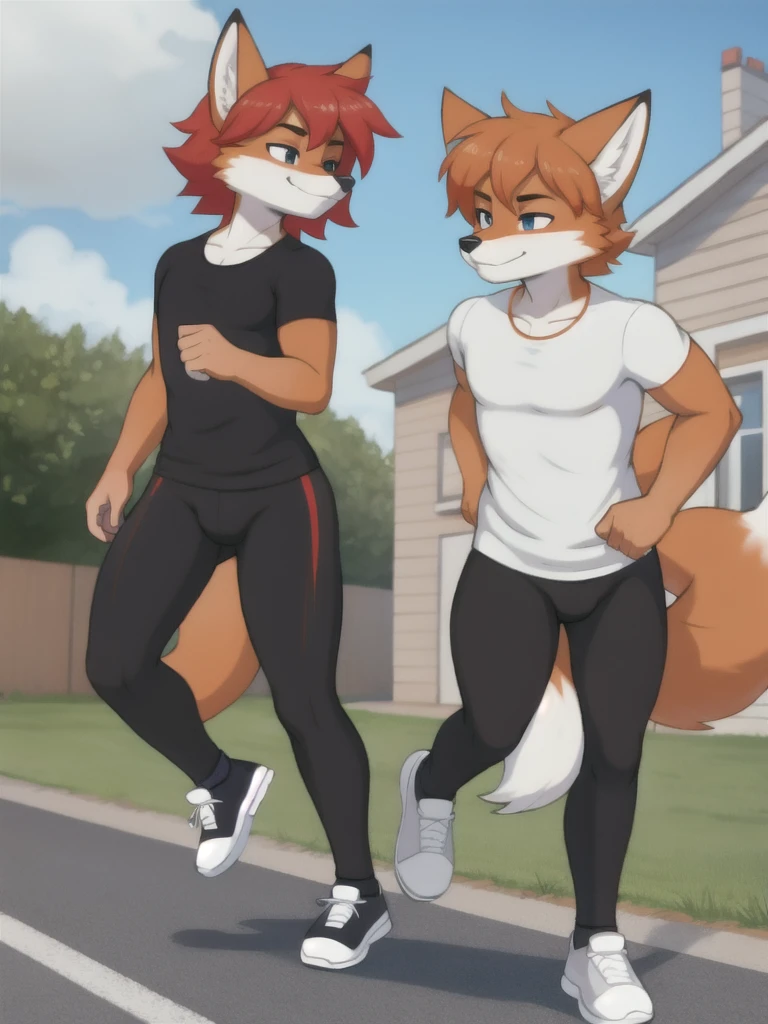 Furry, fox, male, twins, black leggings, white shirt, jogging outside the house, teen