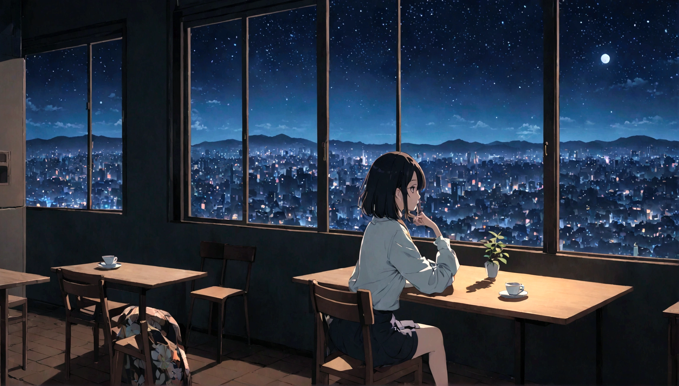 (8K,best quality, Ultra-high resolution:1.5, masterpiece:1.3),Anime girl sitting at the table,Wearing耳机,Wearing, Anime style8K, anime art wallpaper 8K, Anime Art Wallpaper 4K, Lo-Fi Girl, Anime Art Wallpaper 8K, Anime Wallpaper 8K, anime wallpaper 4k, portrait of luo fei, 4k anime wallpaper, Night Core, anime atmosphere, Anime style. 8K, Anime aesthetics,The window offers a night view,Showing the city night scene and starry sky,Relaxing Lo-Fi music picture with city night scene as background,You can see the outline of the building and the starry sky.,Expressing a peaceful night atmosphere