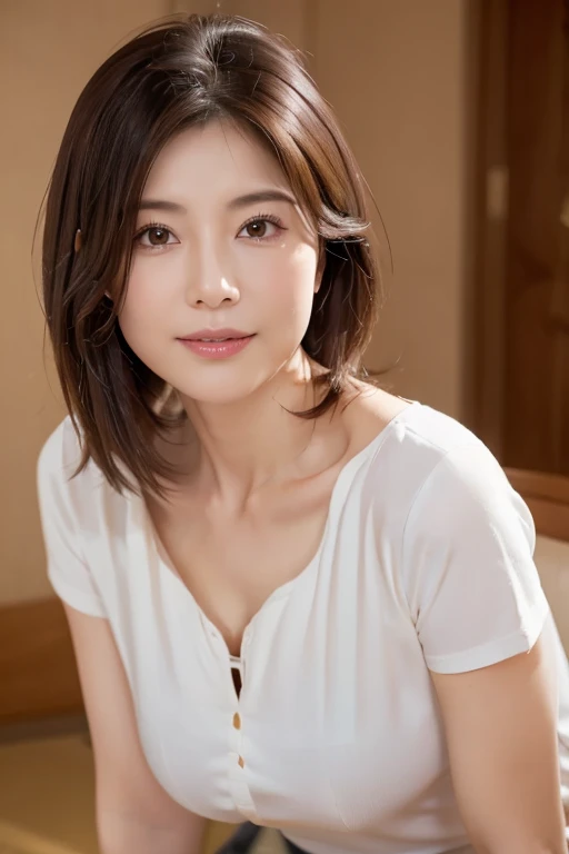 highest quality, masterpiece, 8k, Realistic, High resolution, Detailed face, Fine Eyes, Japanese women, 40 years old, Cute Face, Thin body type, Narrow waist, ((View your viewers)), slightly disheveled hairstyle, Tight V-neck shirt, Plain background、Protruding nipples