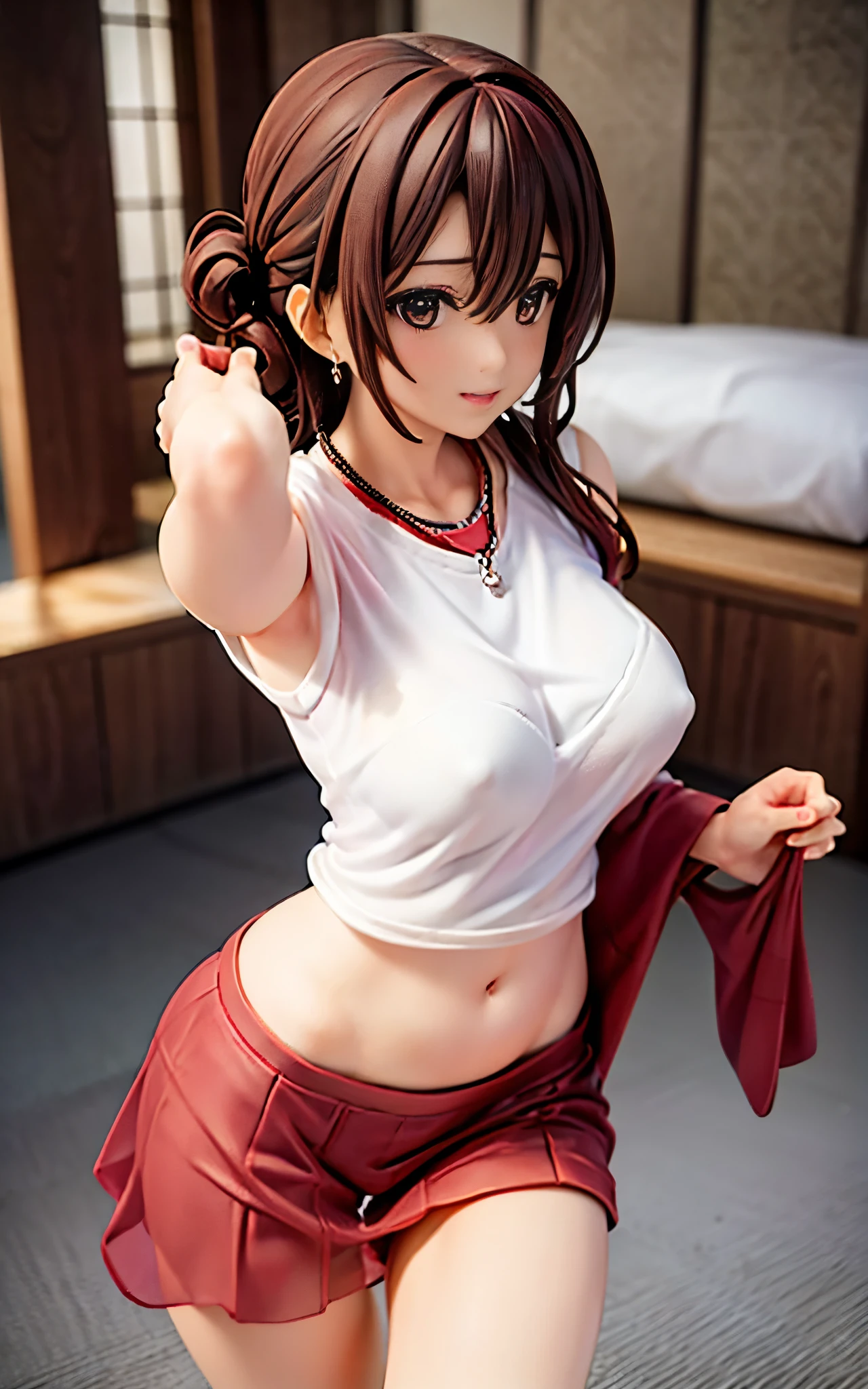 ((High resolution, high quality, high detail, masterpiece)), rough skin, anatomically correct, sharp, gray background ((Japanese MILF, 50 years old)), solo, shapely big breasts, Straight light brown hair that reaches to her shoulders, chubby body, (((standing upright from the front)), T-shirt, skirt lift, transparent T-shirt, no bra, transparent breasts, transparent nipples, transparent areola, Necklaces, earrings, lifting skirts, pulling up skirts, panties, underwear, thin, see-through T-shirts, see-through clothes, see-through clothes, see-through pubic hair