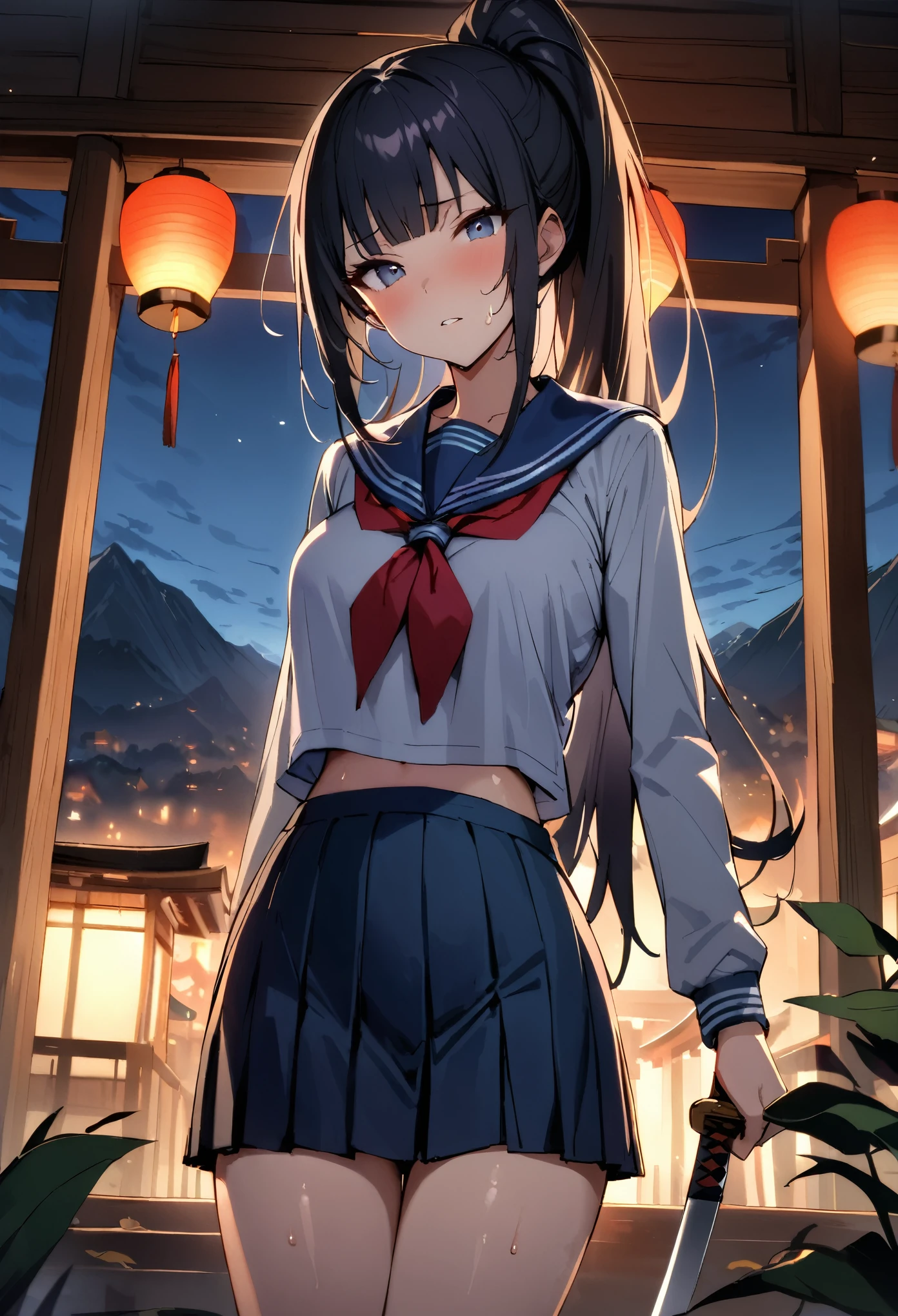 (((masterpiece, highest quality,absurdres))),cowboy shot,20 year old beauty,solo,((very small head:1.3)),ponytail hair style,long hair,blunt bangs,black hair,glay eyes,medium breasts,((very long body)),((slender body)),skinny,gleaming skin,shiny skin,sweat, ,(School uniform、Sailor suit、Navy blue pleated mini skirt),1Holding a Japanese sword ,shrine、Mountainous area、Late at night、moonlight、
