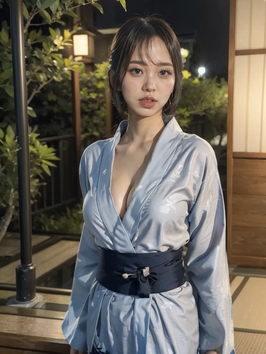 ((wearing a yukata:1.5)), ((full body:1.2, long shot:1.2)), cleavage,1girl,detailed face,beautiful detailed eyes,beautiful detailed lips,extremely detailed skin,extremely detailed face,long dark hair,looking at viewer,solo,upper body,sensual,alluring,seductive,elegant,graceful,cinematic lighting,dramatic shadows,warm color tones,glowing skin,soft focus,high quality,8k,realistic,photorealistic