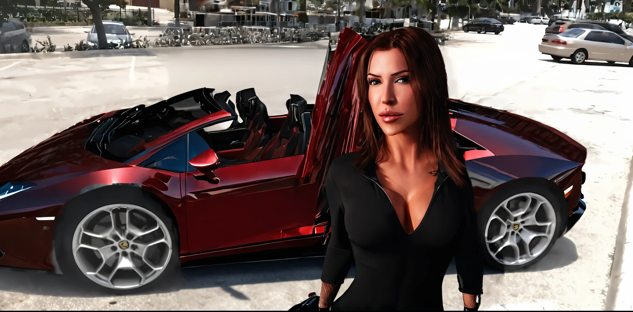 realistic image of lurence bedard and vanessa veracruiz, in a red Lamborghini sports car, high-quality 3D render, detailed metallic paint, glossy reflection, photorealistic lighting, dramatic angle, cinematic atmosphere, vibrant colors, luxury vehicle, precision engineering, powerful engine, sleek design, low angle shot, dynamic pose, professional automotive photography