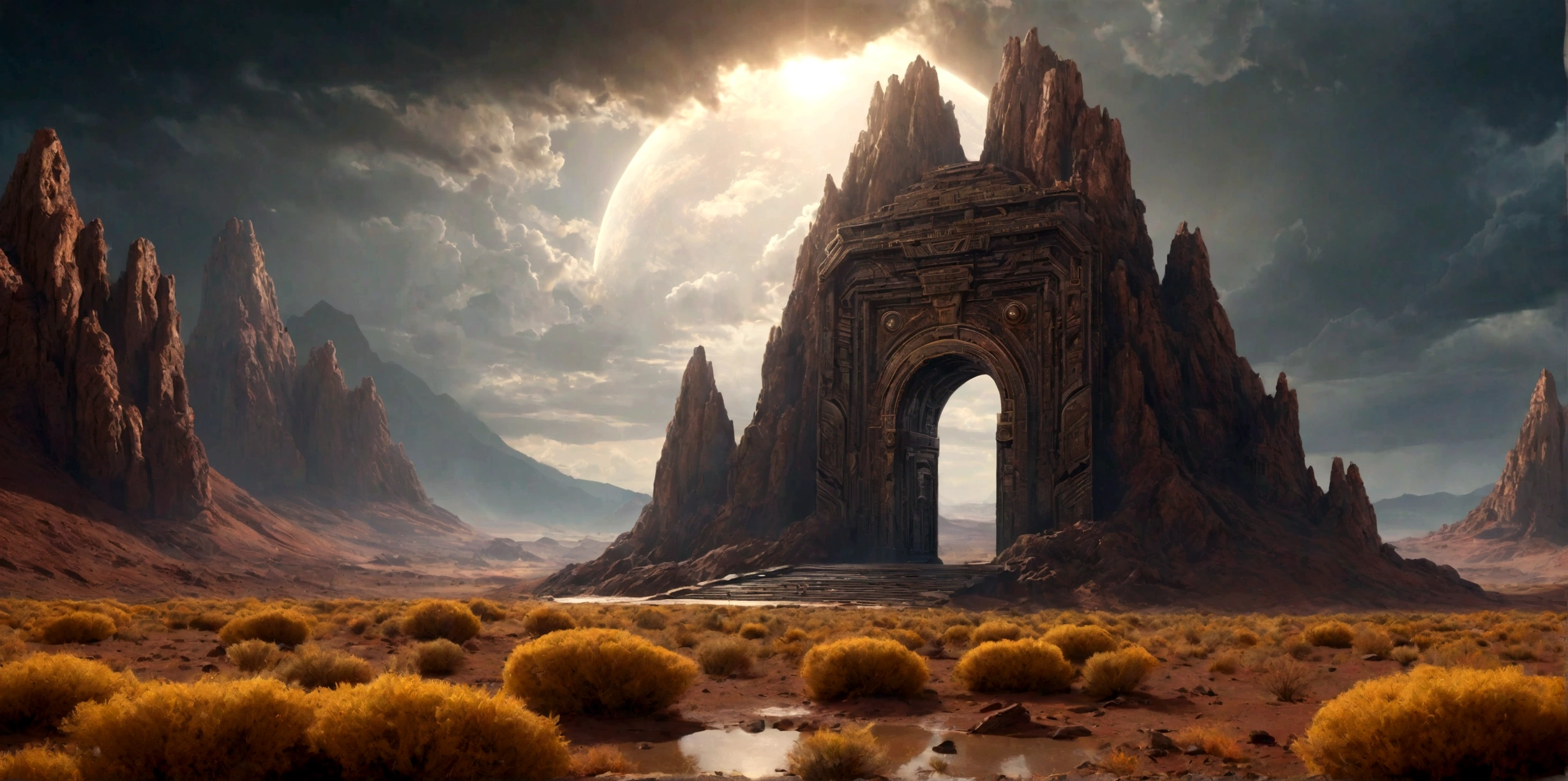 (EN UN VALLE RODEADO DE ACANTILADOS) ((AT THE FOOT OF AN INTRICATE TWO-DIMENSIONAL PORTAL STILL ACTIVE TO AN ALIEN TEMPLE), SUPER HIGH DEFINITION IMAGE WITH HYPER REALISM , MUCHO CALOR, PLANETA SECO, hyper realistic in 4K, cinematic lighting. little vegetation on alien planet other than Earth, cloudy stormy and cold weather, el sol se oculta
