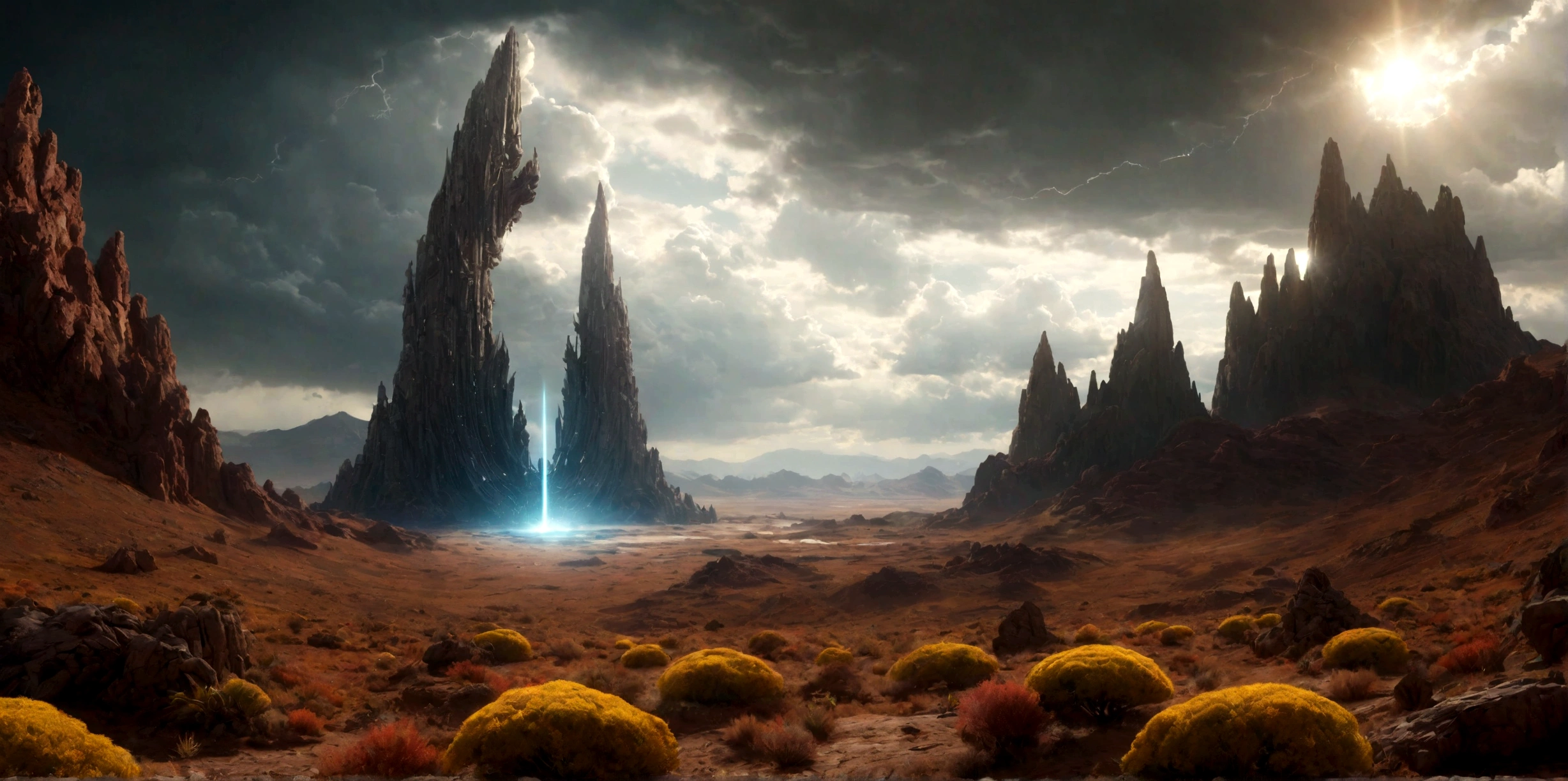 (EN UN VALLE RODEADO DE ACANTILADOS) ((AT THE FOOT OF AN INTRICATE TWO-DIMENSIONAL PORTAL STILL ACTIVE TO AN ALIEN TEMPLE), SUPER HIGH DEFINITION IMAGE WITH HYPER REALISM , MUCHO CALOR, PLANETA SECO, hyper realistic in 4K, cinematic lighting. little vegetation on alien planet other than Earth, cloudy stormy and cold weather, el sol se oculta