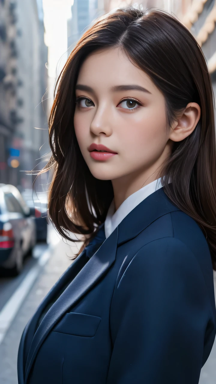 ((Top quality, 8K, masterpiece: 1.3)), Upper Body, Beautiful woman, Single Ladies, fit: 1.1, Dark brown hair, Blue Suit, Super detailed face, Detailed lips, delicate eyes, Double eyelids, on the street