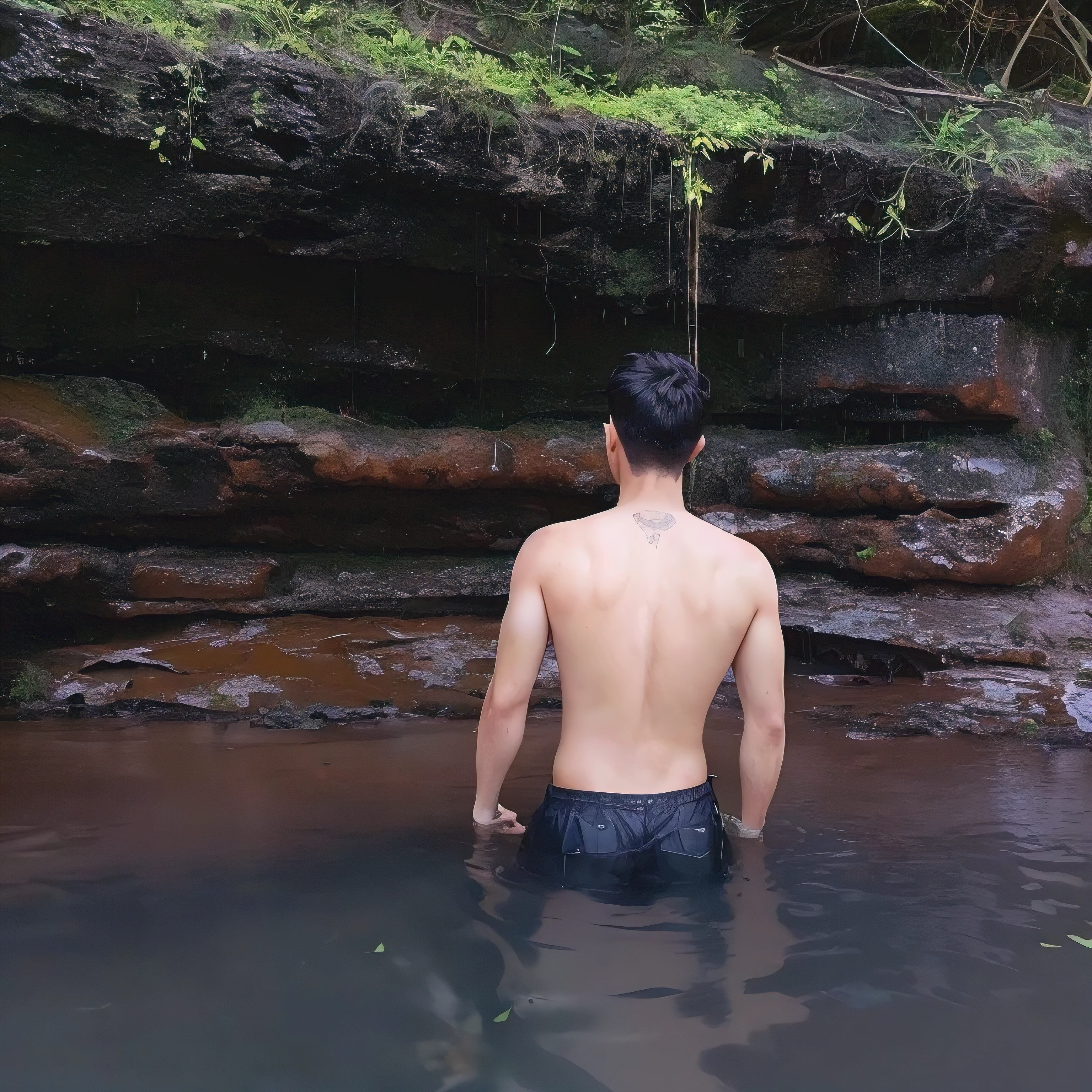 there&#39;s a man standing in a pool with a frisbee, tomando banho em uma cachoeira, ao lado de uma cachoeira, in the water, em uma caverna com a cachoeira, in the water, parado em uma cachoeira, Sentindo a Natureza, caverna escondida de fontes termais, solitude under a waterfall, em um rio na selva, fonte termal escondida em uma caverna, parado perto de uma cachoeira, WITH A TATTOO OF A PHOENIX ON THE BACK