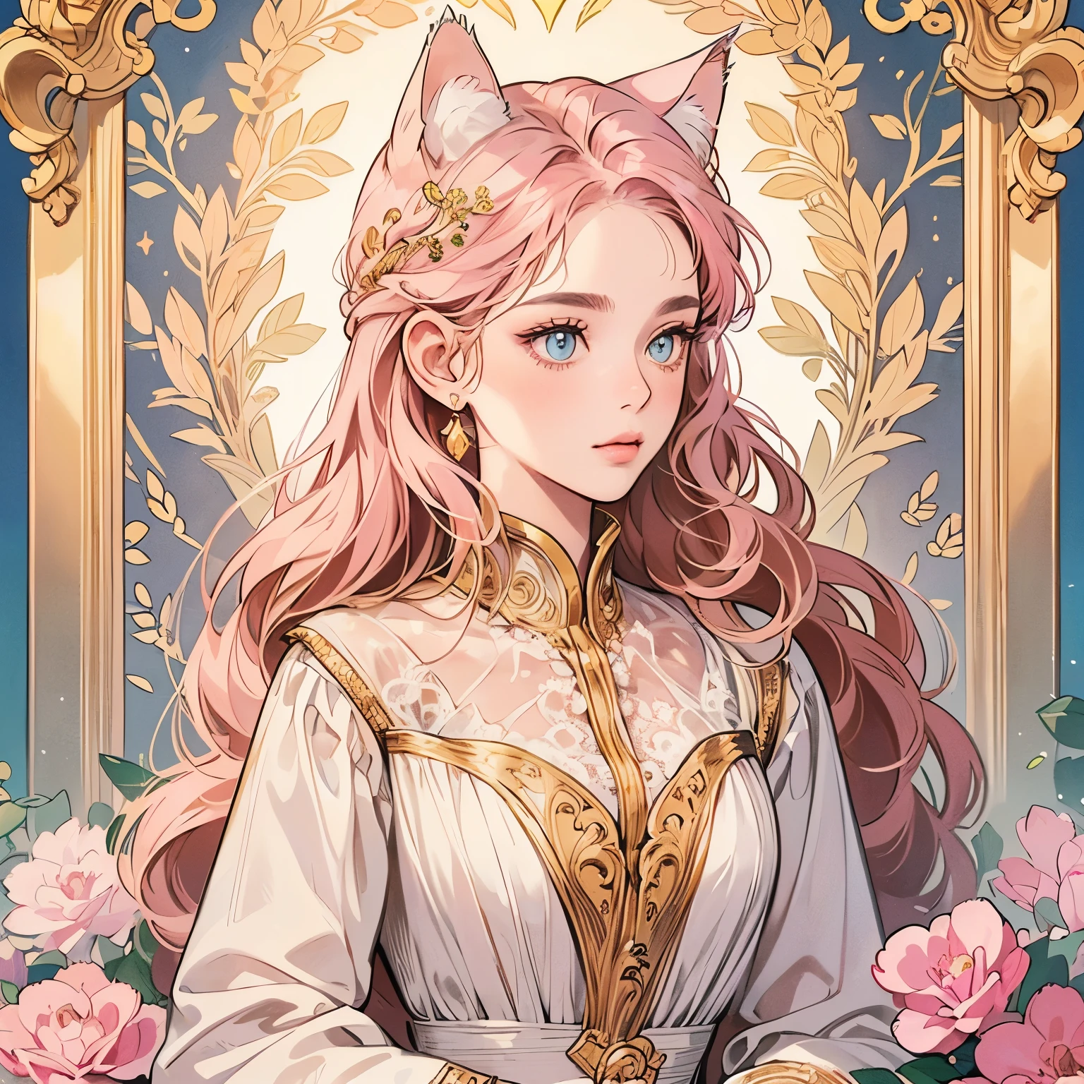 Best quality, 1 cat, logo, background white only, emblem, 14k, intricate and detailed, frame,  (((1 woman and cat))), detailed fur, sparkling eyes, corporate logo, golden, panoramic, long shot, front, pink flowers, Upper body, looking at viewer,  beautiful goddess, Very detailed hair, Top Quality