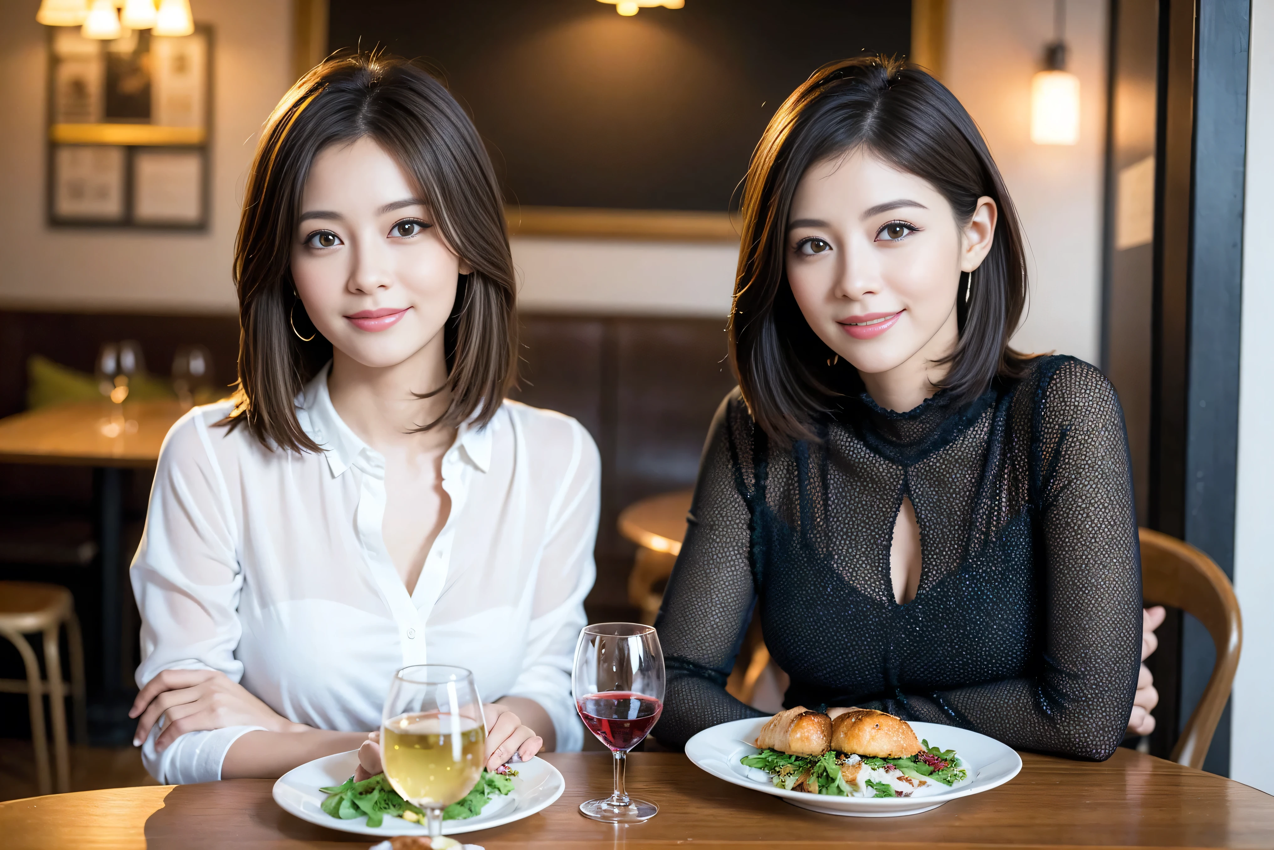 ((highest quality、8k、masterpiece:1.3))、Satomi Ishihara lookalike beauty、1 male、1 female、Couple、Spouse、half、The body is slim、((Bob Hale、Straight hair:1.2)), (Realistic, Intricate details:1.2), Wine glass on the table、Shine light on your face、 Amazing view of the sunset sky and clouds、Amazing mountain views、A bright smile、The wonderfulness of smile、Bright image、The beauty of wine, Beautiful Face, blue eyes, The light shines on your face, Blushing, short hair,Bright Face、 (Age 44), 39 years old, red wine 、Appetizers、Italian food、Wine bottle、Champagne、sparkling wine、Two beauties、Brown Hair、Shortcuts、Long sleeve shirt、dress、Pretty Woman 1, (Slim face), (The body is slim), (Brown Hair), (Shortcuts), cheeks turn a little red,Attractive beauty、restaurant, In a prominent place (From the waist up) Nova Frog Style, actress, model, Upper Body, White wine, slim, wine glass, A wine glass placed in the center, smile, (smile: 1.15), Beautiful fine grain, Depth f/2,saturation, High Contrast, Strong light and shadow,Moist Body:1.5、3D texture、Delicate eyes、Brown Hair、The hair is very shiny、