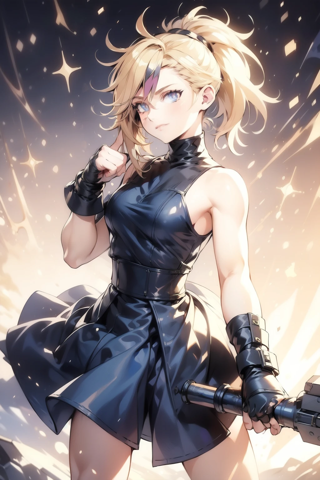 (masterpiece, best quality:1.2), Blue glowing eyes, perfect face, highres, 1 girl, solo, ultra long ponytail, (female:1.5), strife, blonde hair, shoulder armor, sleeveless turtleneck, suspenders, belt, gloves, bracer, evil smile, standing, portrait, looking at viewer, giant sword on the back