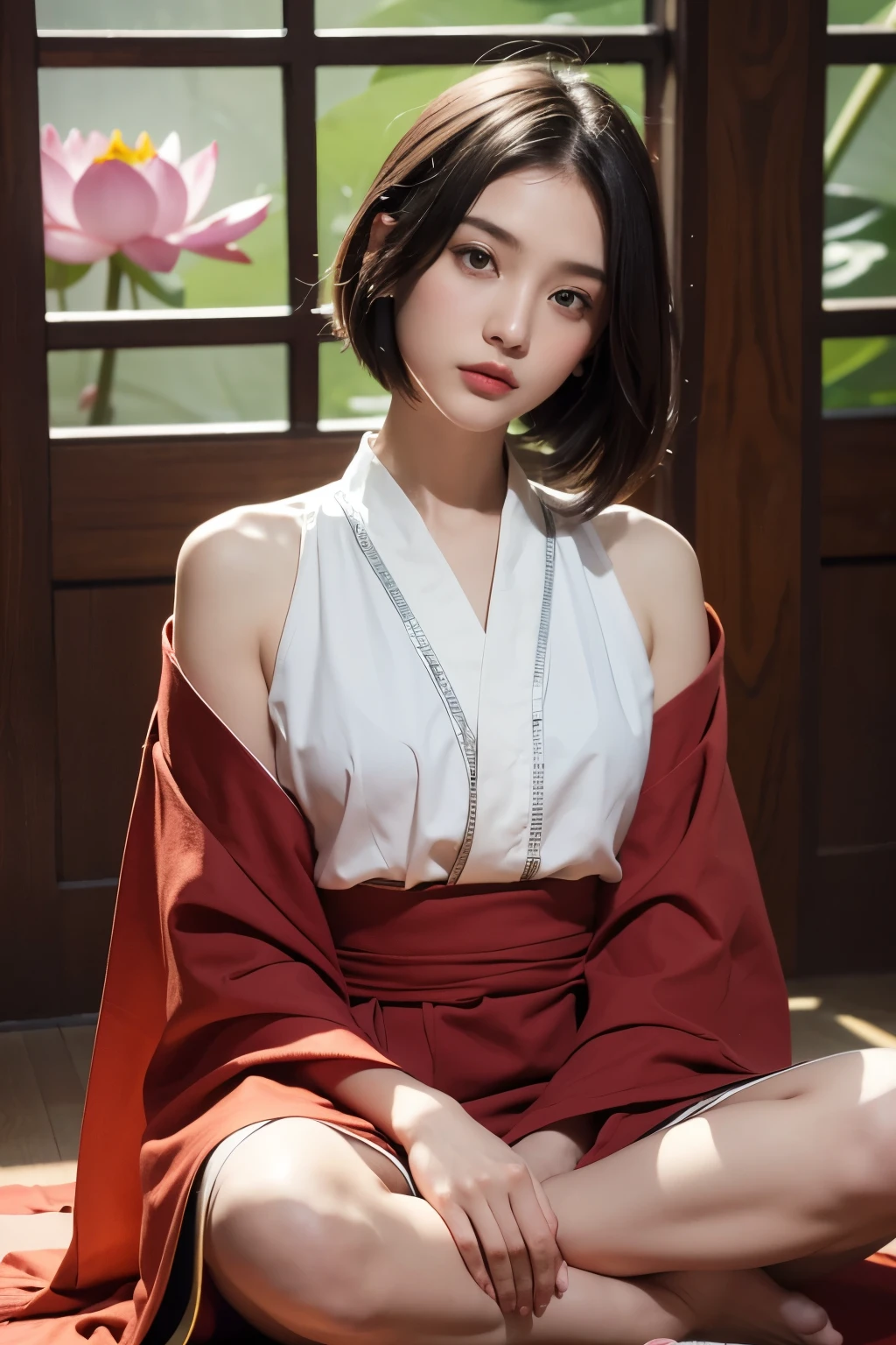 (tomboyish,small head), (short length straight hair: 1.2), black hair,（Highly detailed CG 8k wallpaper），（Incredibly stylish and beautiful），（masterpiece），（best quality：1.0），（초high resolution：1.0），upper body photo，[high resolution]，Smooth, flawless, fair skin，Ultra-detailed ，long legs，slim，emaciated，Colorful Buddhist robes，In the nave of the temple，Naturally, Lotus sits cross-legged on a large lotus flower，（Big pink lotus：1.5），The girl is floating on a large lotus flower floating in the air，from the front，enlargement，Sit in meditation, Friendly