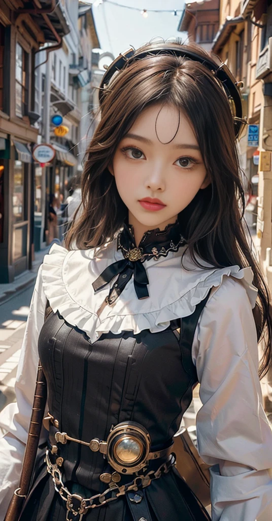 (((Masterpiece, top quality, ultra-detailed))), (((1 Infinity Mage Girl))), , (((very detailed face))), small thin nose, small thin-lipped mouth, (((very sharp focused eyes))), very large slit precision pale grey eyes, sparkling like jewels. Very long eyelashes, long black hair in black vertical curls, with fringes, ((Steampunk fashion, Gothic Lolita fashi,full body
