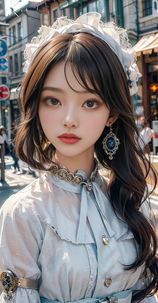 (((Masterpiece, top quality, ultra-detailed))), (((1 Infinity Mage Girl))), 14 years old, (((very detailed face))), small thin nose, small thin-lipped mouth, (((very sharp focused eyes))), very large slit precision pale grey eyes, sparkling like jewels. Very long eyelashes, long black hair in black vertical curls, with fringes, ((Steampunk fashion, Gothic Lolita fashion)),full body 