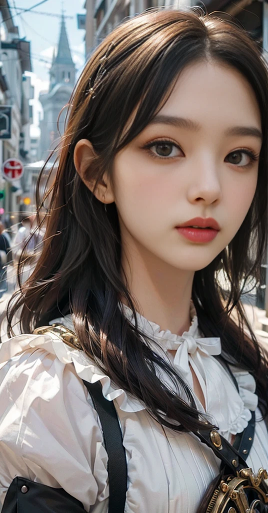 (((Masterpiece, top quality, ultra-detailed))), (((1 Infinity Mage Girl))), , (((very detailed face))), small thin nose, small thin-lipped mouth, (((very sharp focused eyes))), very large slit precision pale grey eyes, sparkling like jewels. Very long eyelashes, long black hair in black vertical curls, with fringes, ((Steampunk fashion, Gothic Lolita fashi,full body