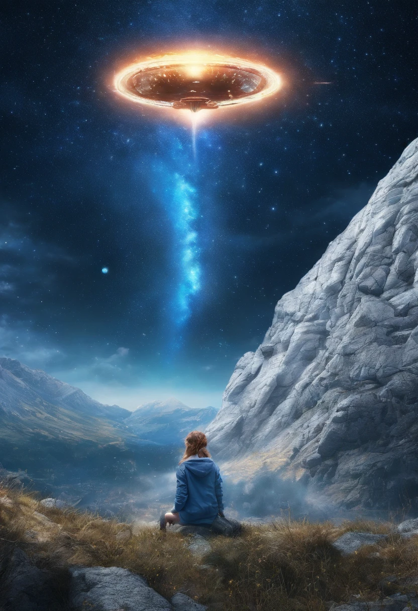 On a sloping mountain lay an immense starry sky, estaba una mujer de 1.70 observing a spaceship appears in a surreal hyperreal blue portal STARS FILM QUALITY